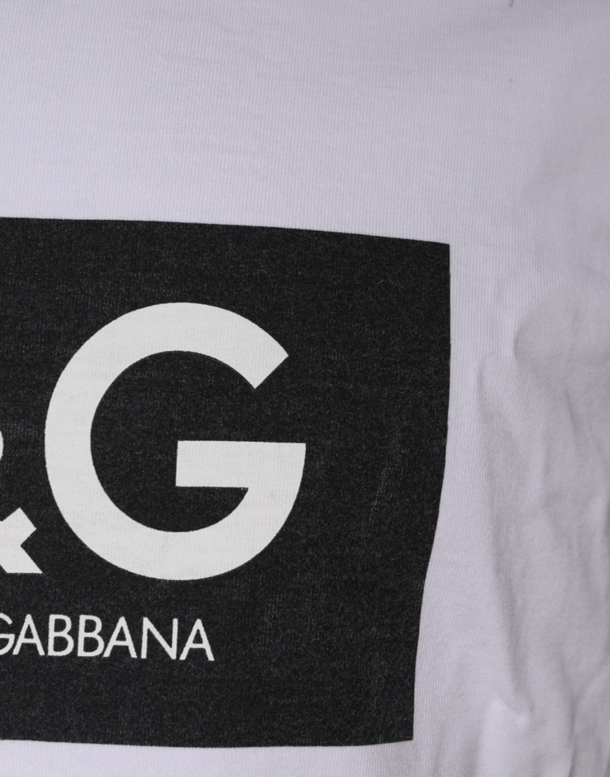 White t-shirt with black lettering and logo
