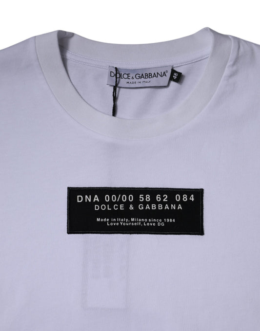 White t-shirt with black text on front