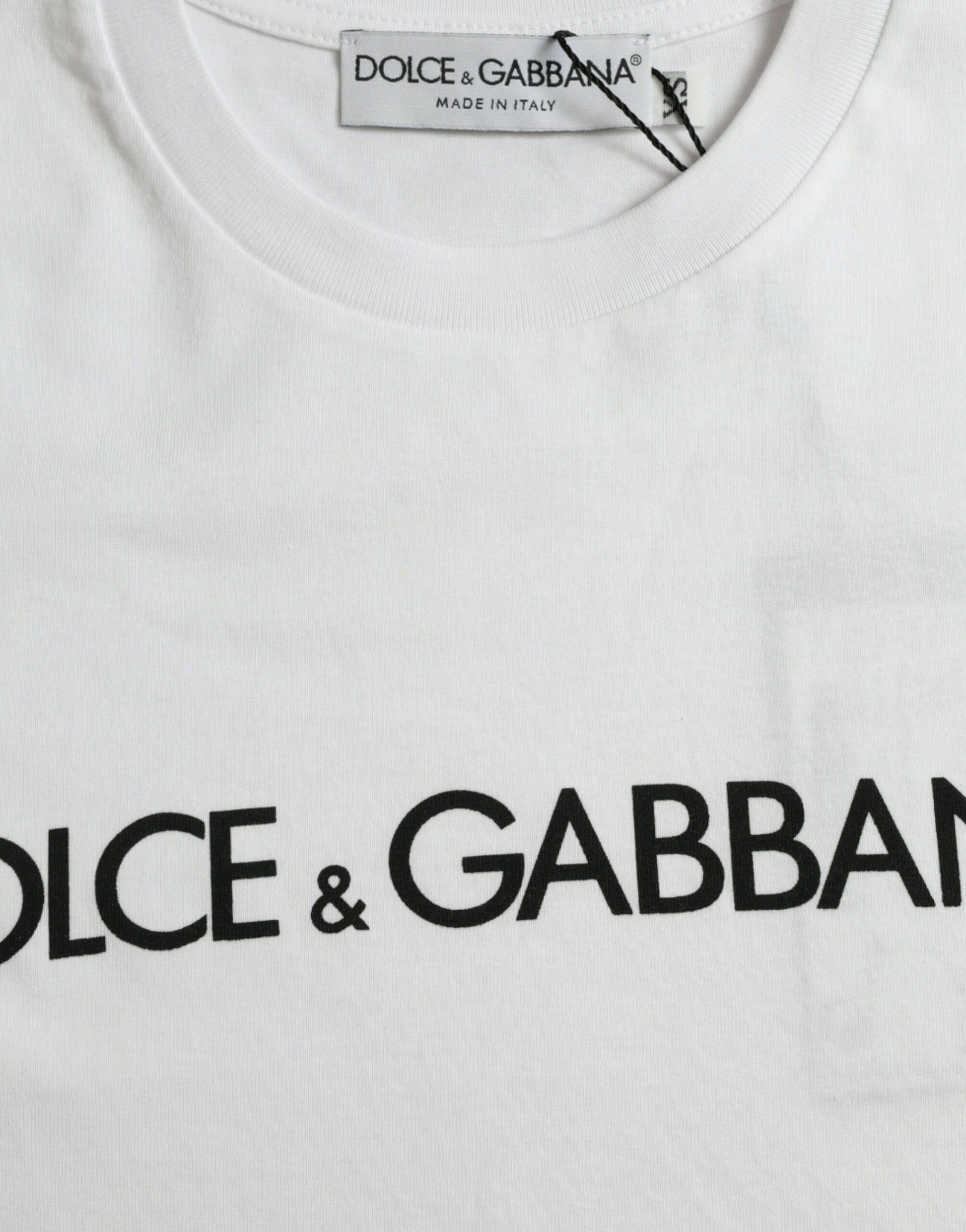 White t-shirt with black text reading "dolce & gabbana"
