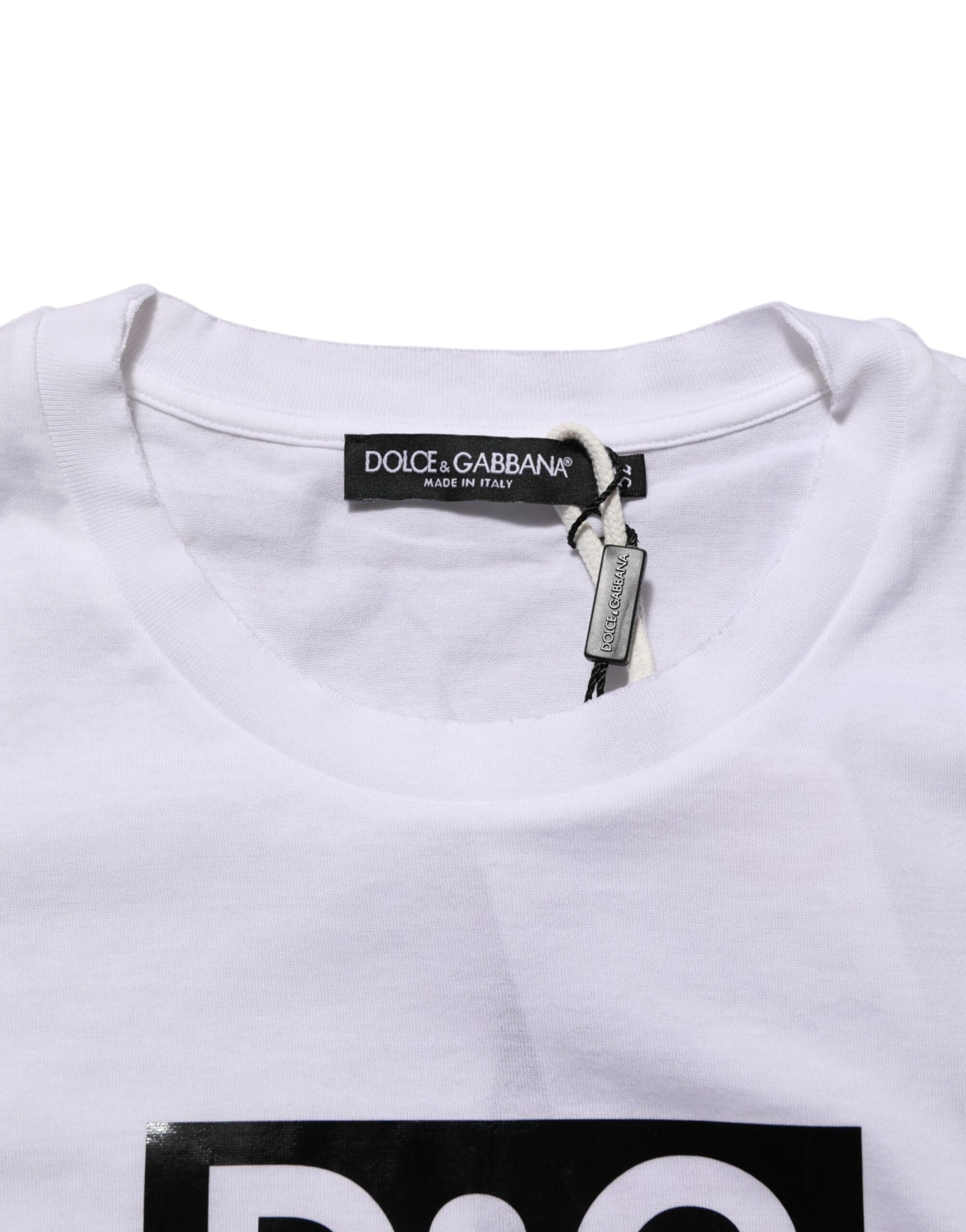 White t-shirt with black logo on front