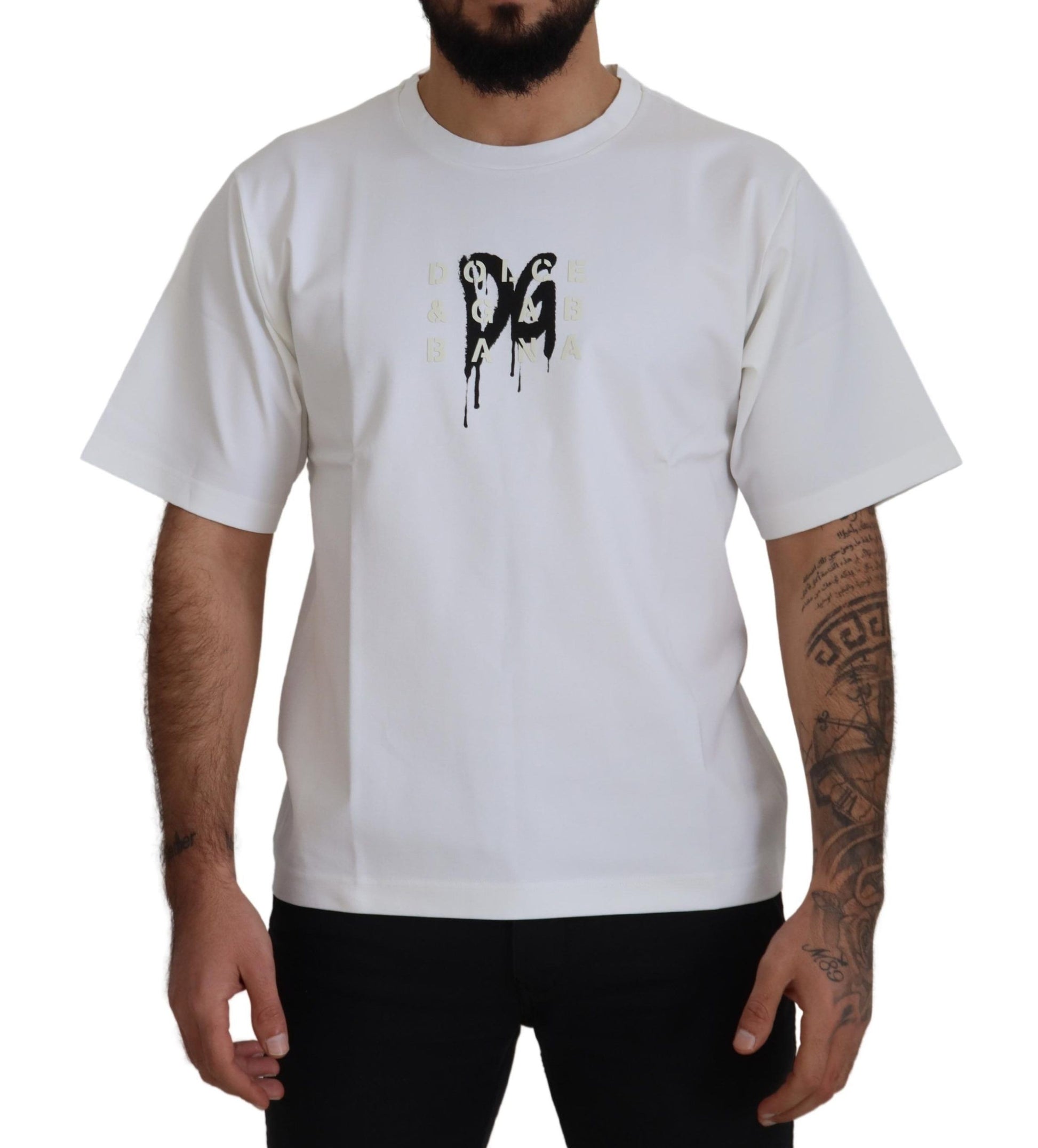 White t-shirt with black graphic design on front
