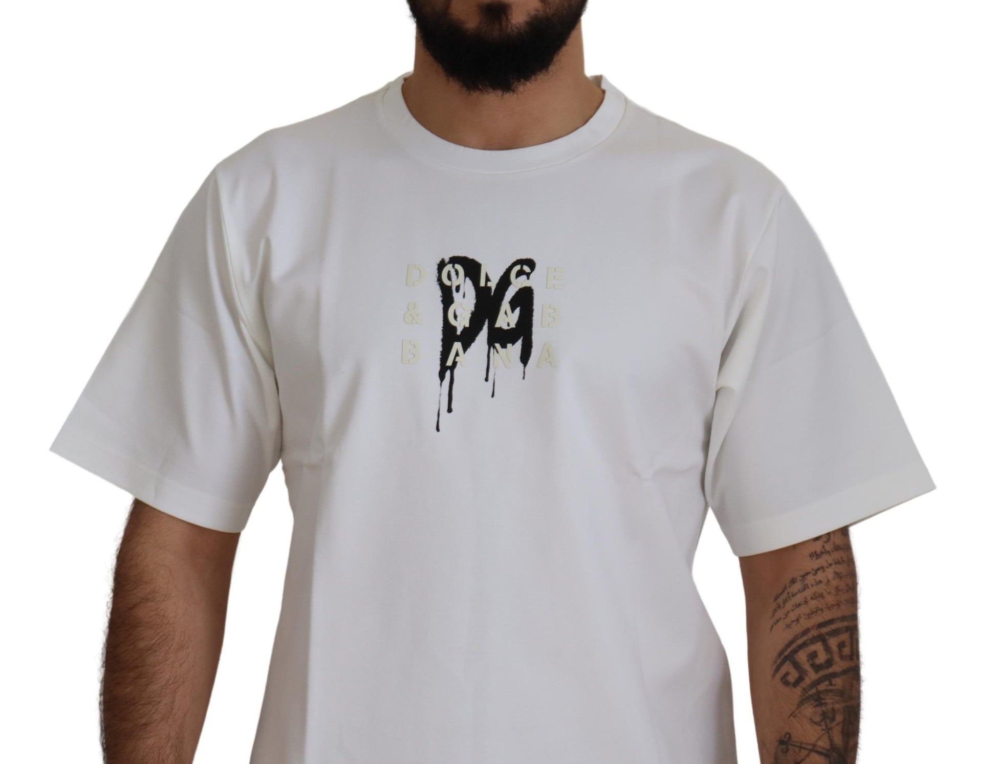White t-shirt with black graphic design on front