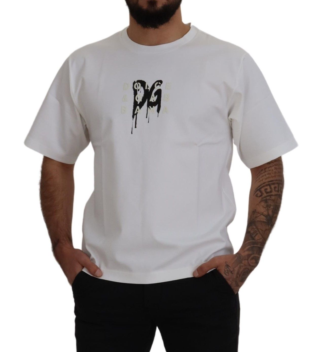 White t-shirt with graphic design on front