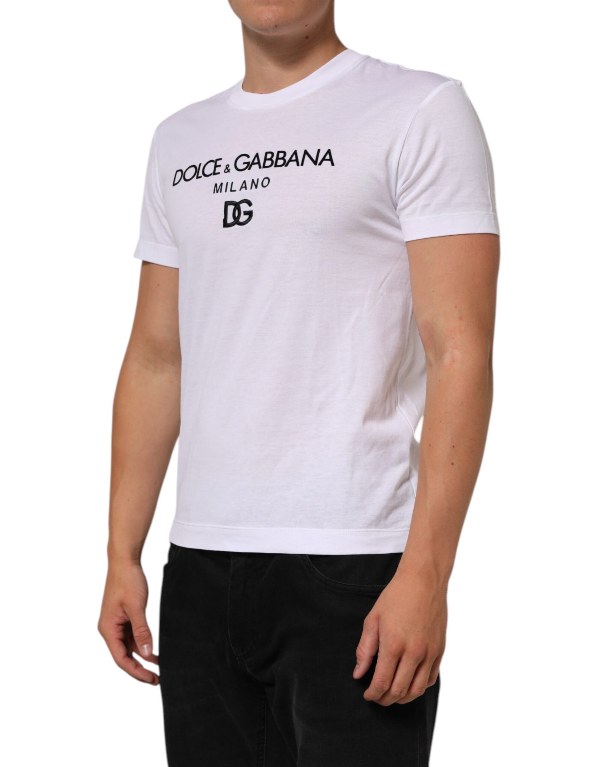 White t-shirt with black text