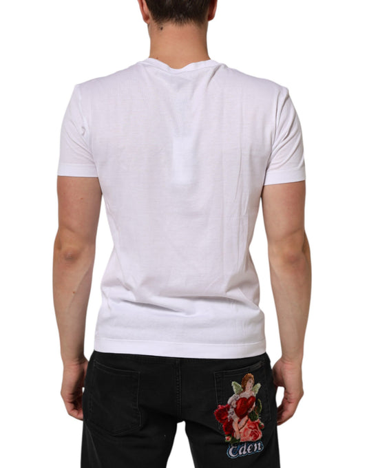 White t-shirt with graphic design on back