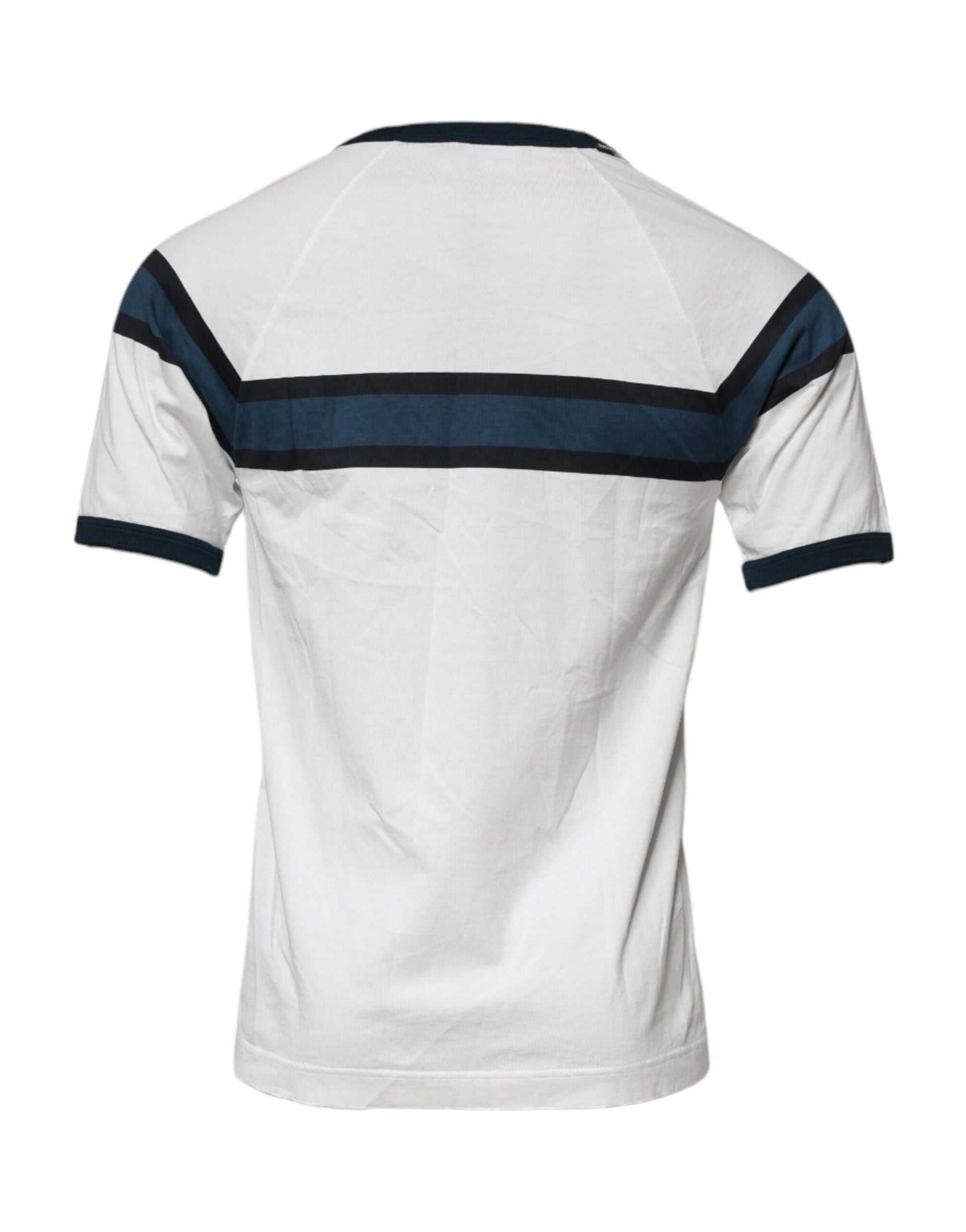 White polo shirt with blue stripes on sleeves