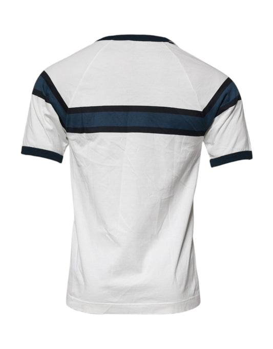 White polo shirt with blue stripes on sleeves