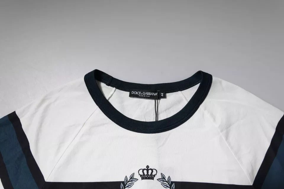 White shirt with blue stripes on sleeves
