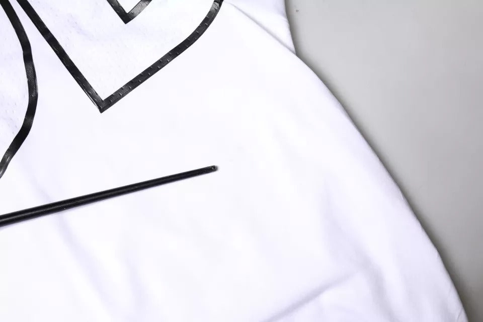 White t-shirt with black design on front
