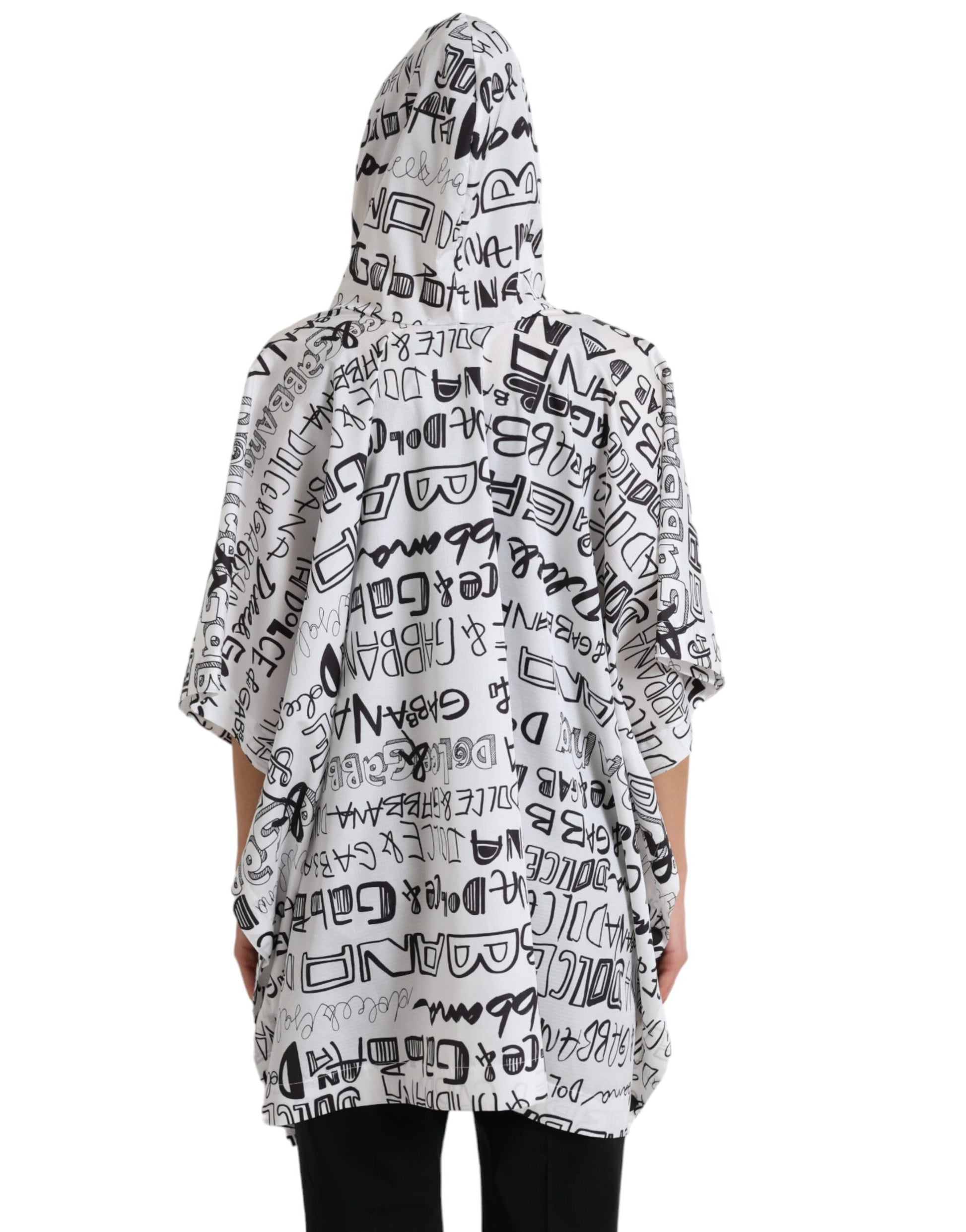 White hooded jacket with black writing