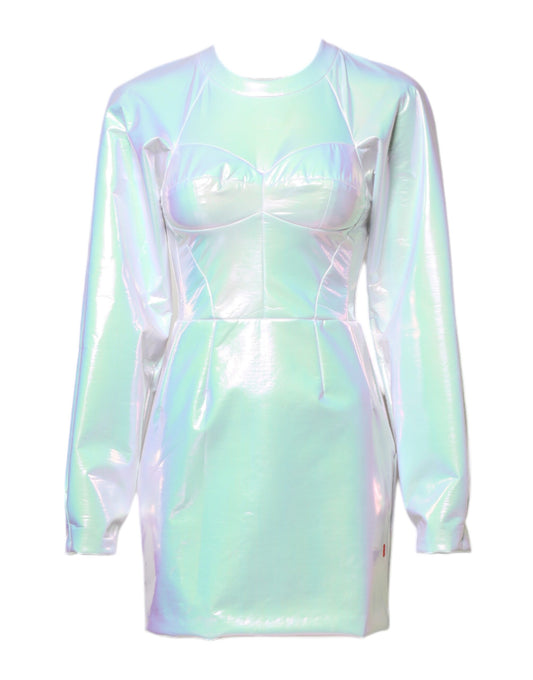 A sleeveless, body-hugging dress with a high neckline and shimmering silver sequins