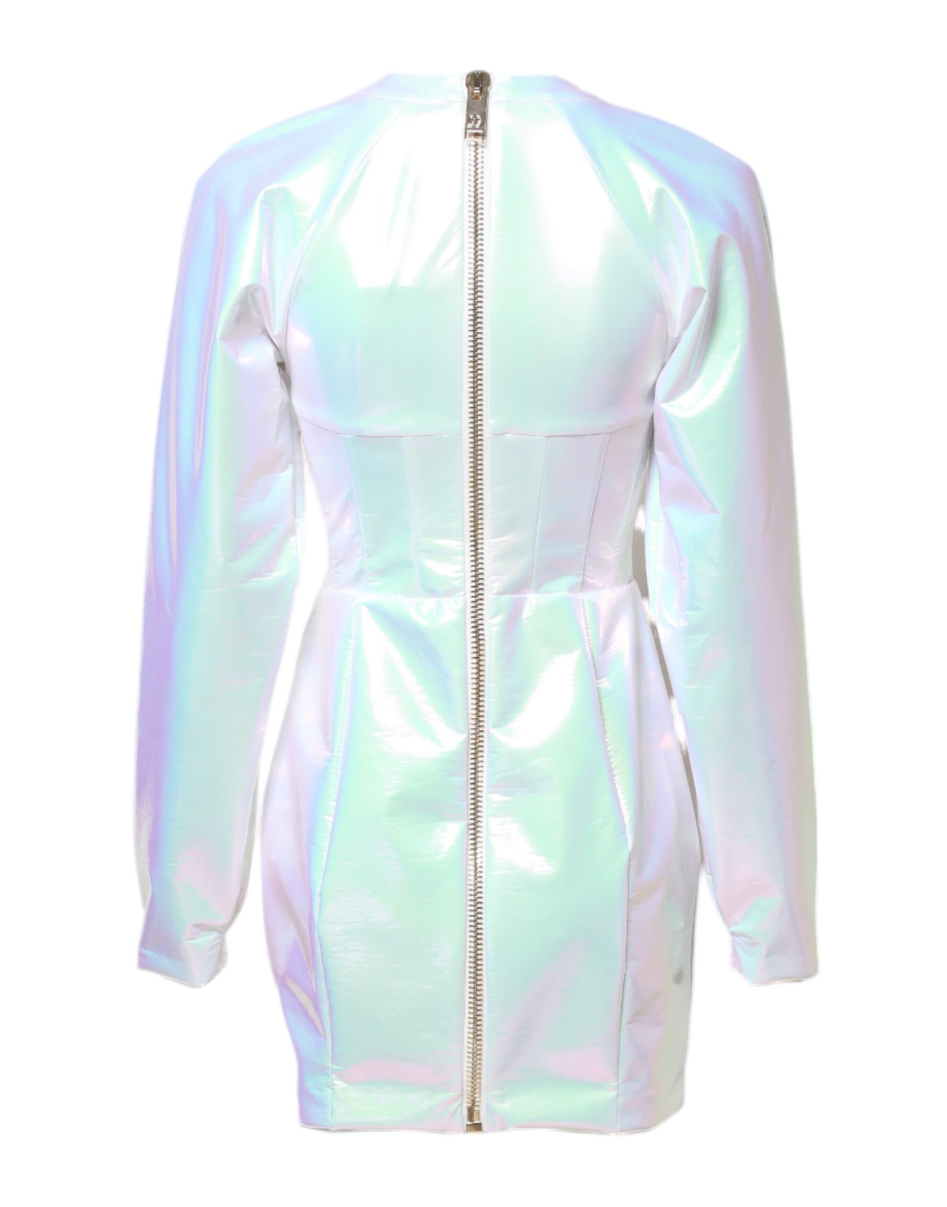 A sleeveless, body-hugging dress with a high neckline and zipper detailing