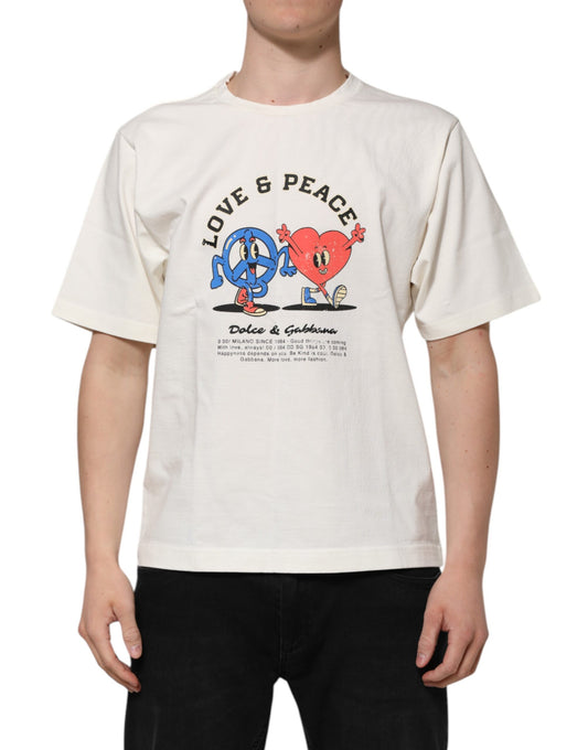 White t-shirt with graphic design featuring peace sign and heart