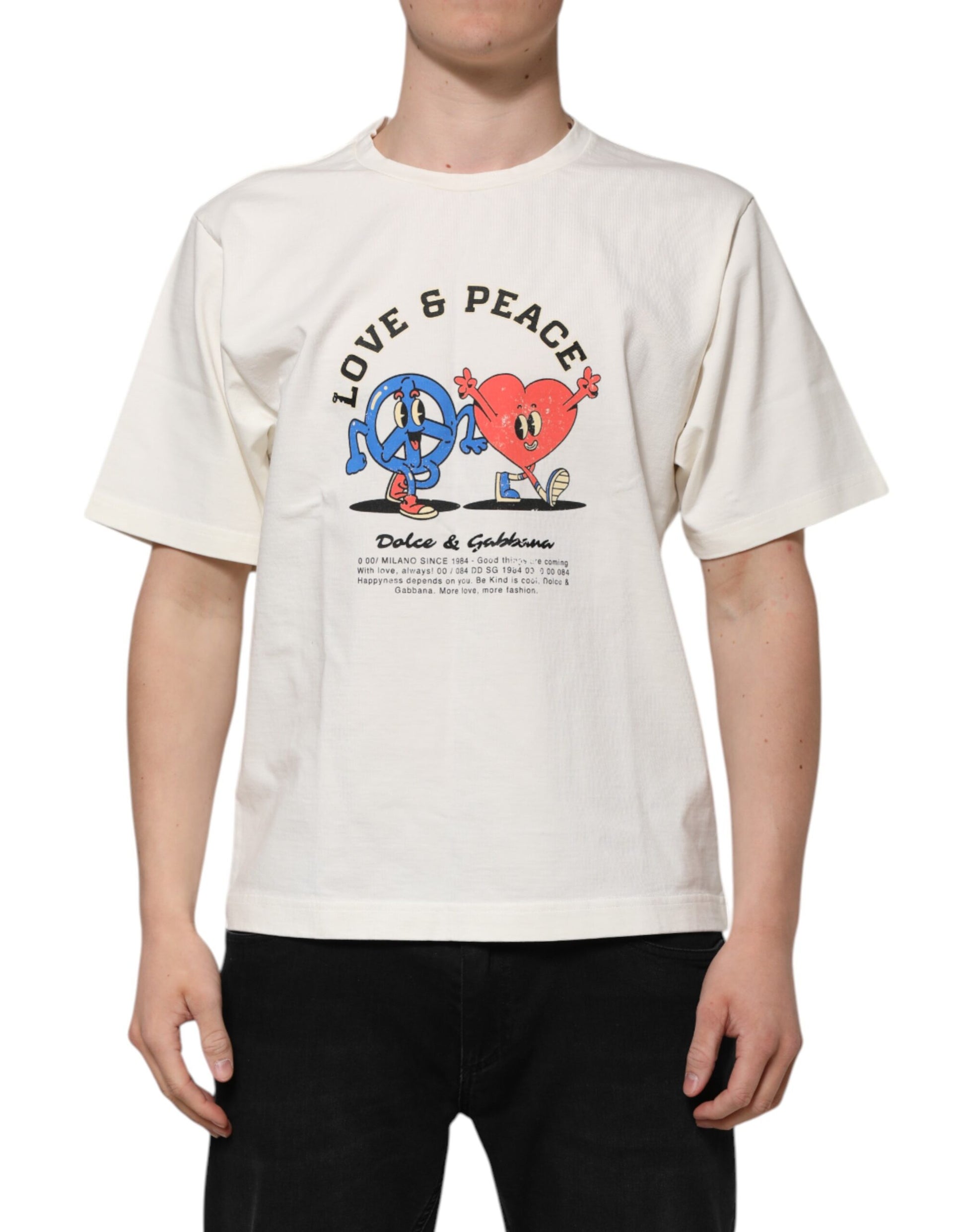 White t-shirt with graphic design featuring peace sign and heart