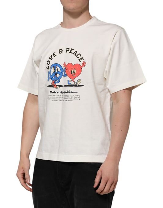 White t-shirt with graphic design featuring a blue peace sign and a cartoon character