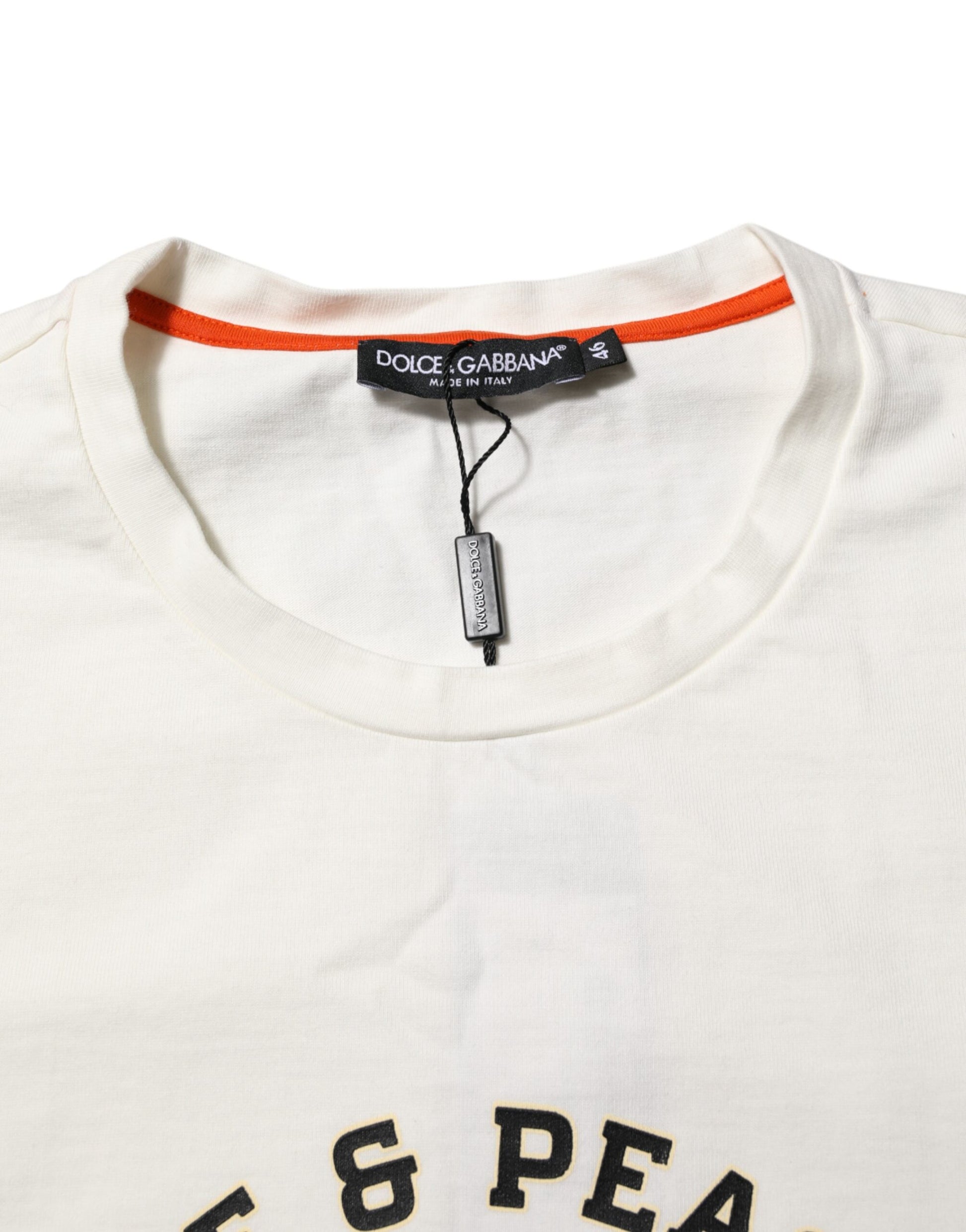 White t-shirt with black lettering on front