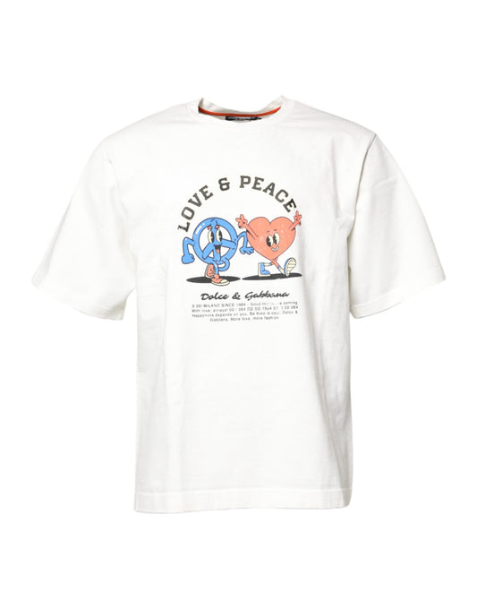 White t-shirt with graphic design featuring peace sign and heart