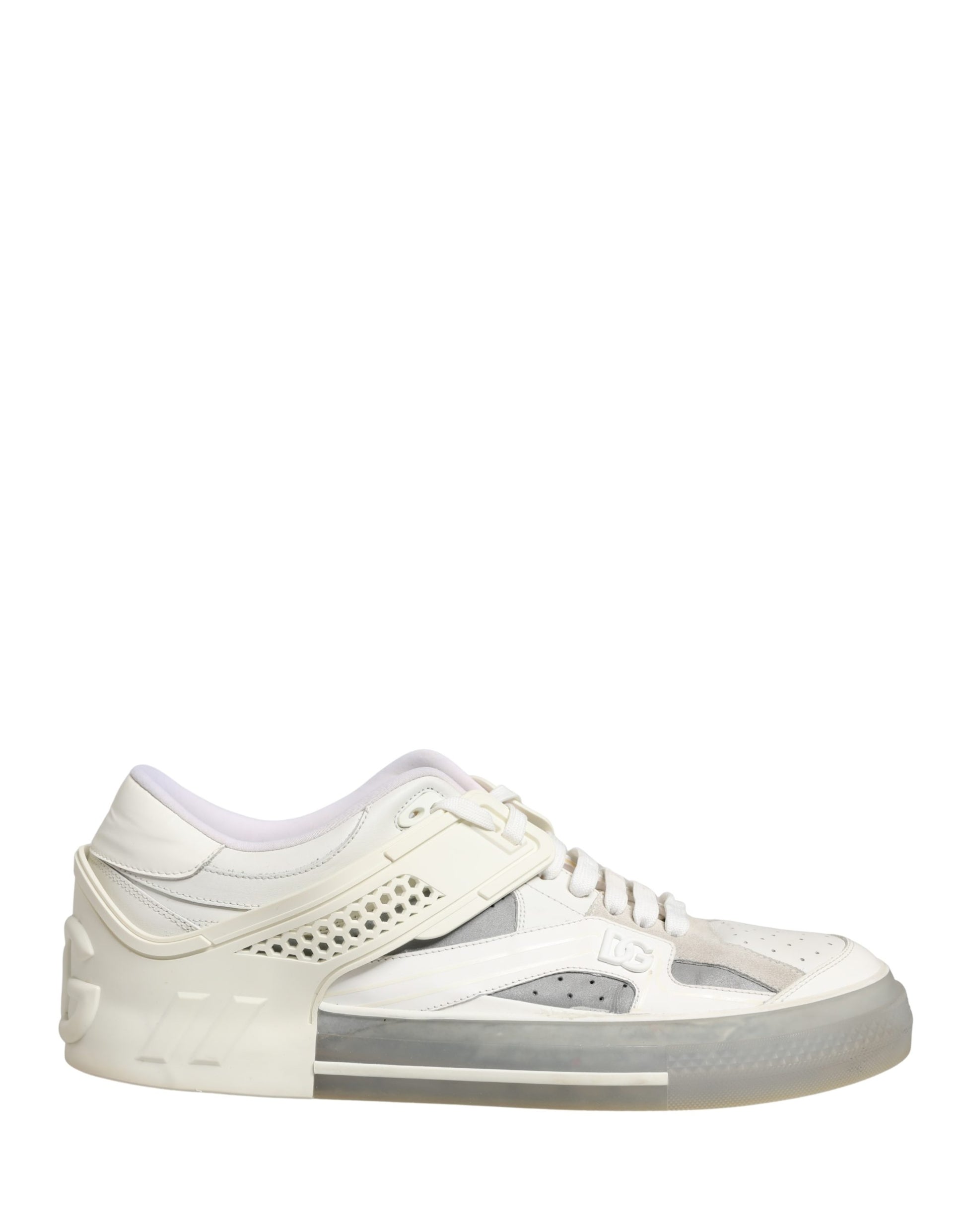 A pair of white sneakers with a low top, featuring the Dolce & Gabbana logo on the side and a custom 2.Zero design