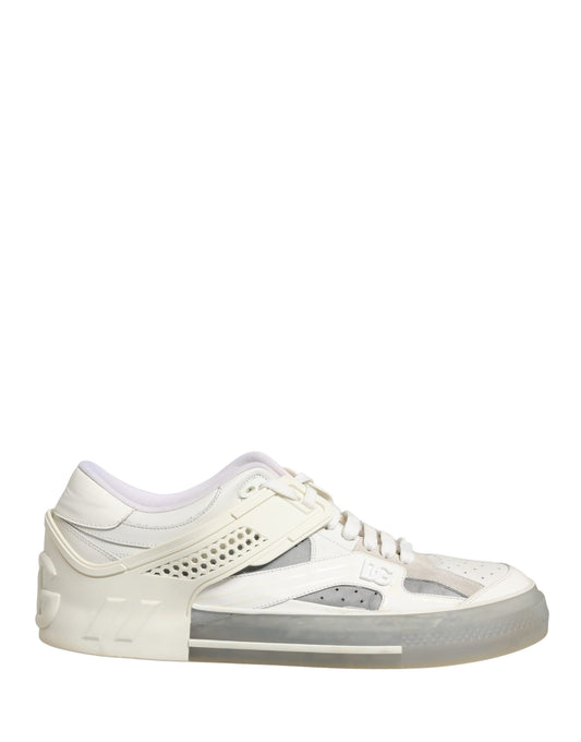 A pair of white sneakers with a low top, featuring the Dolce & Gabbana logo on the side and a custom 2.Zero design