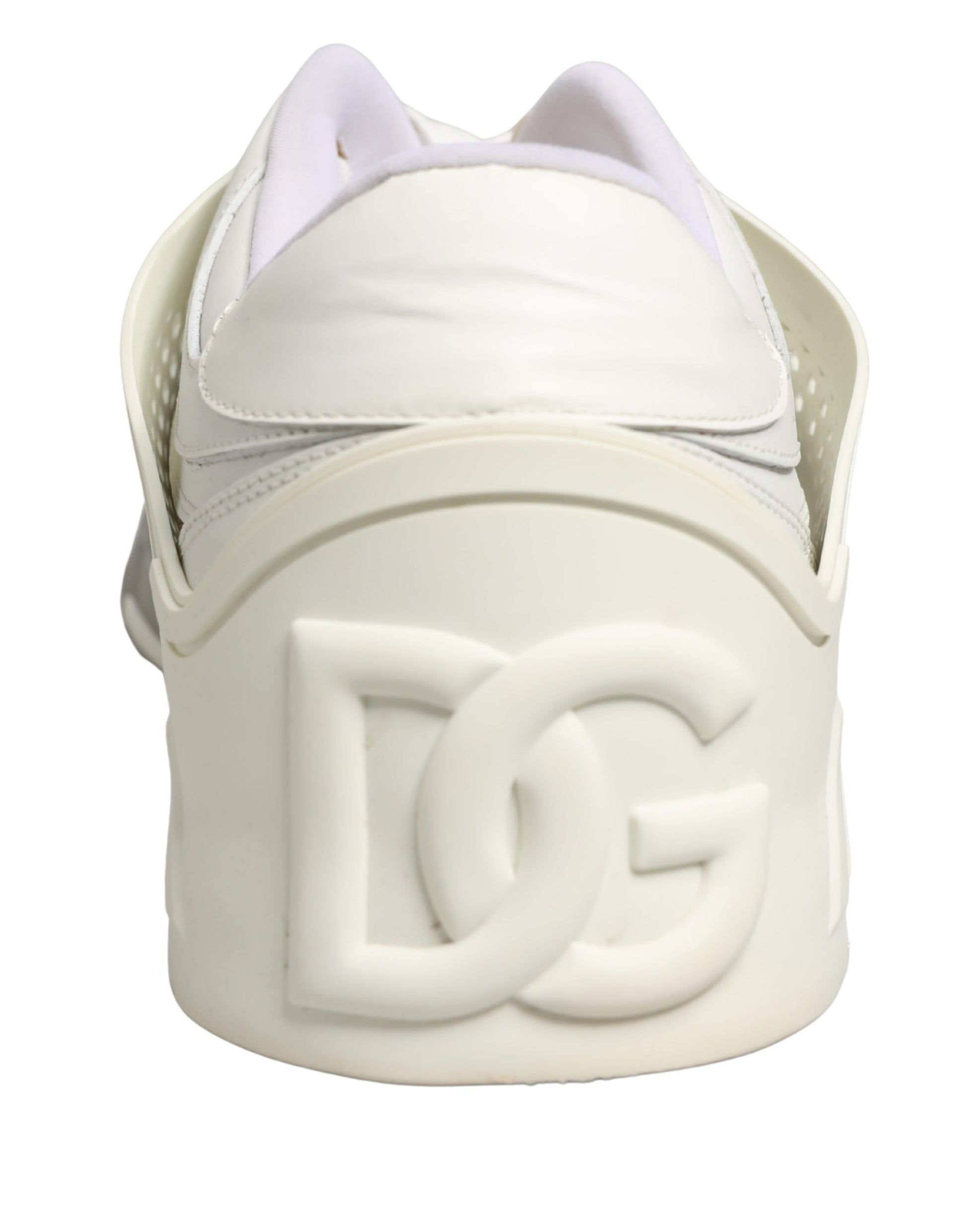 A pair of white low top sneakers with a logo on the side, featuring a custom design by Dolce & Gabbana