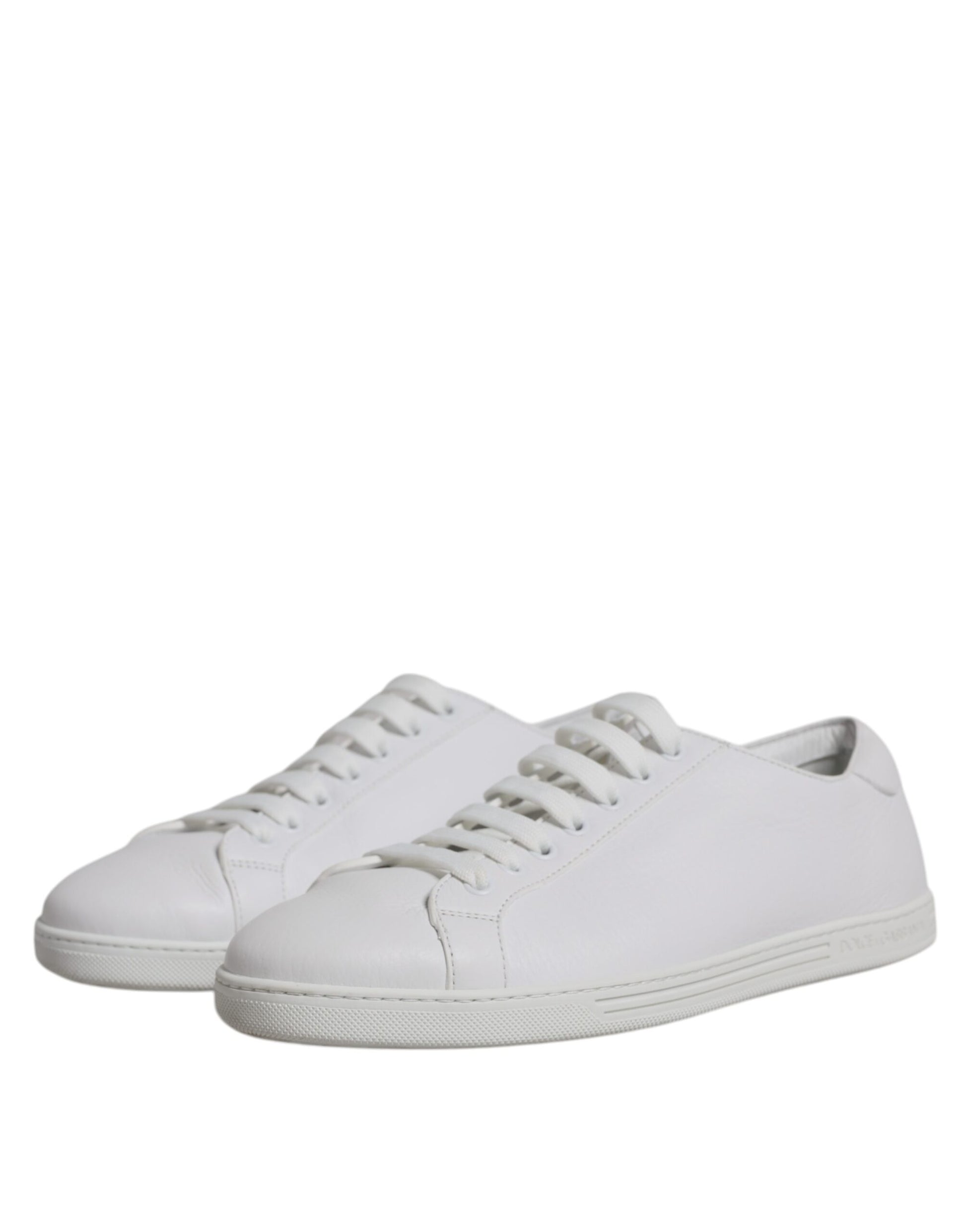 White low top men's sneakers with laces and a logo on the side