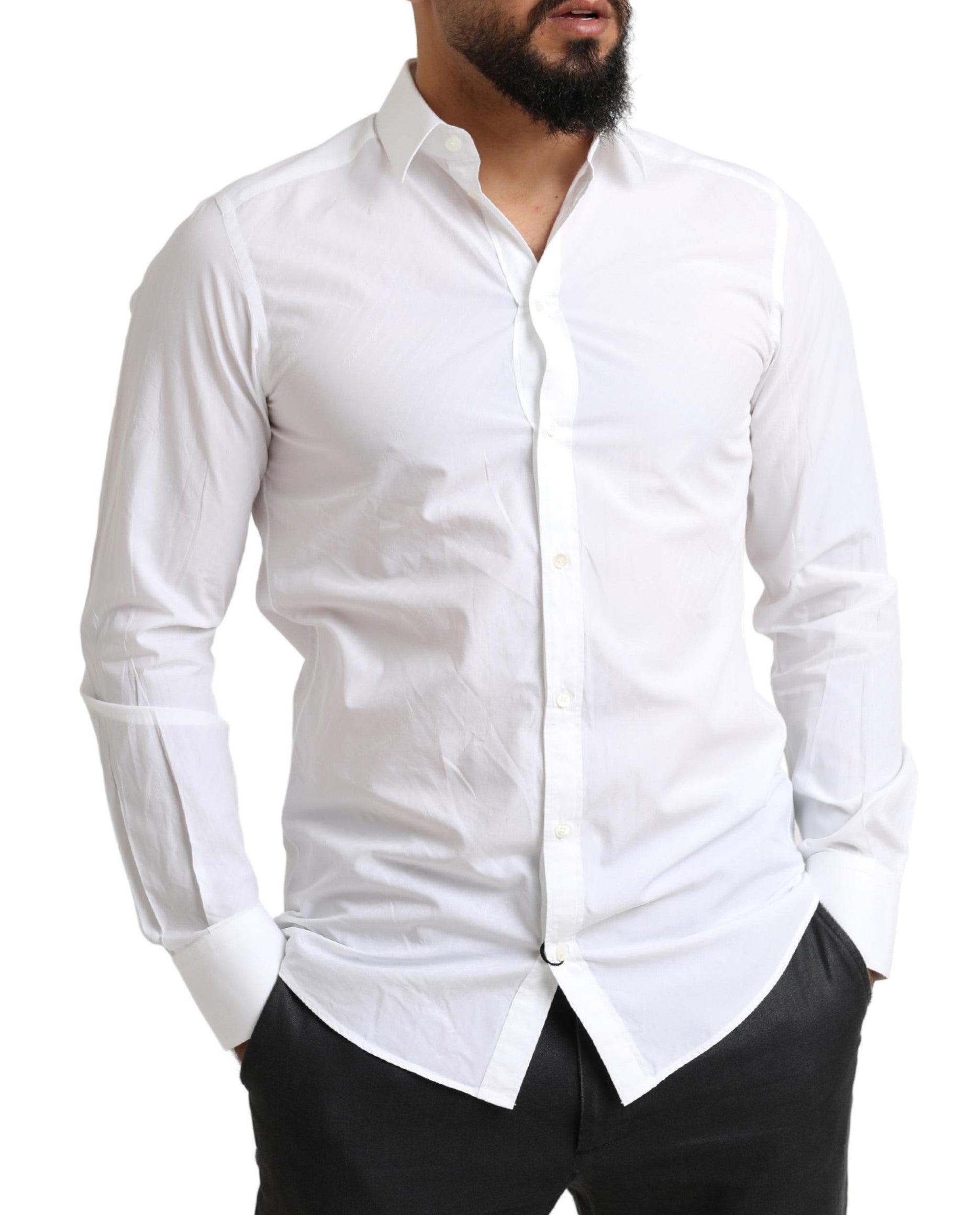 A white dress shirt with a collar, long sleeves and a button-up front