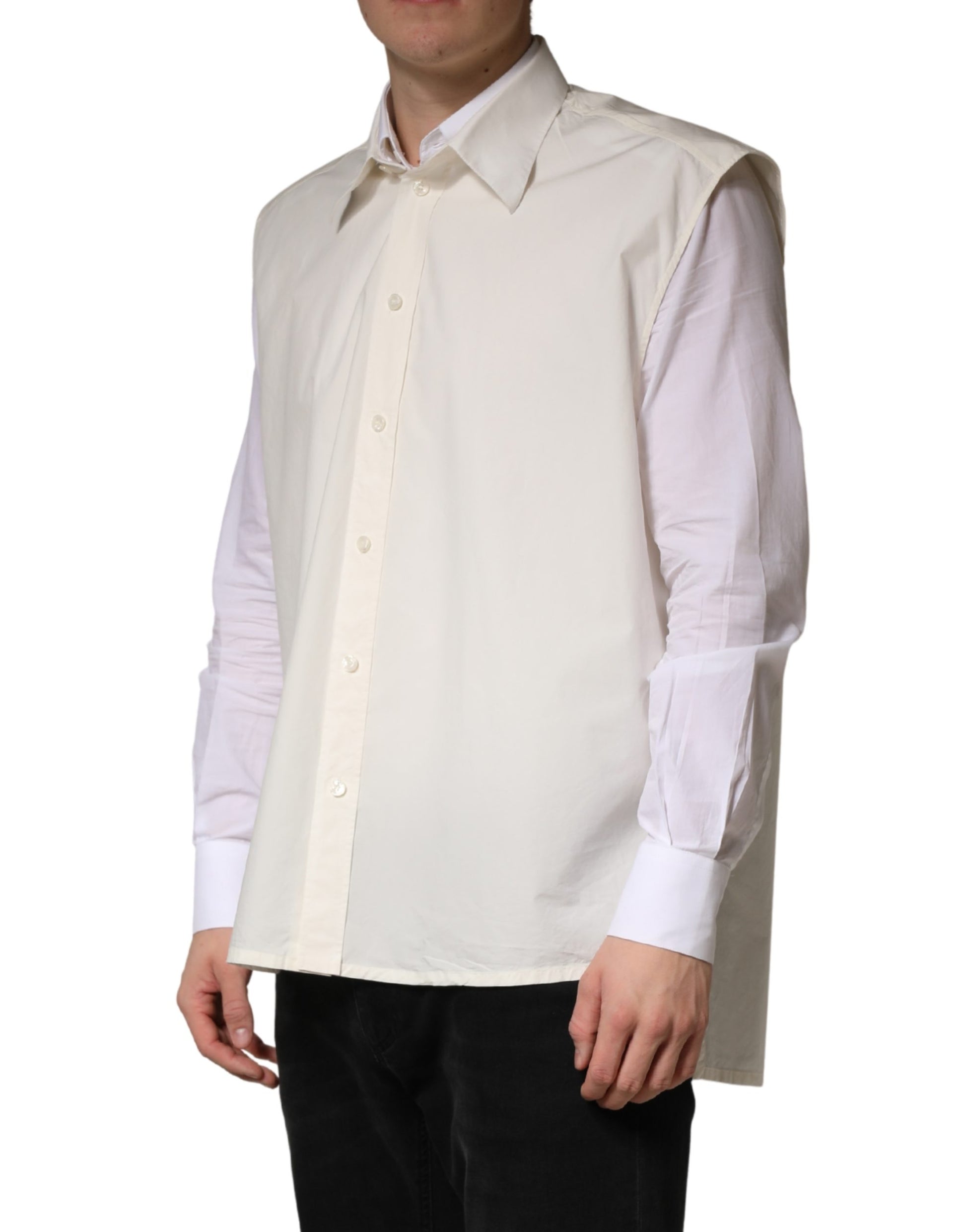 A long-sleeved white dress shirt with a collar and button front