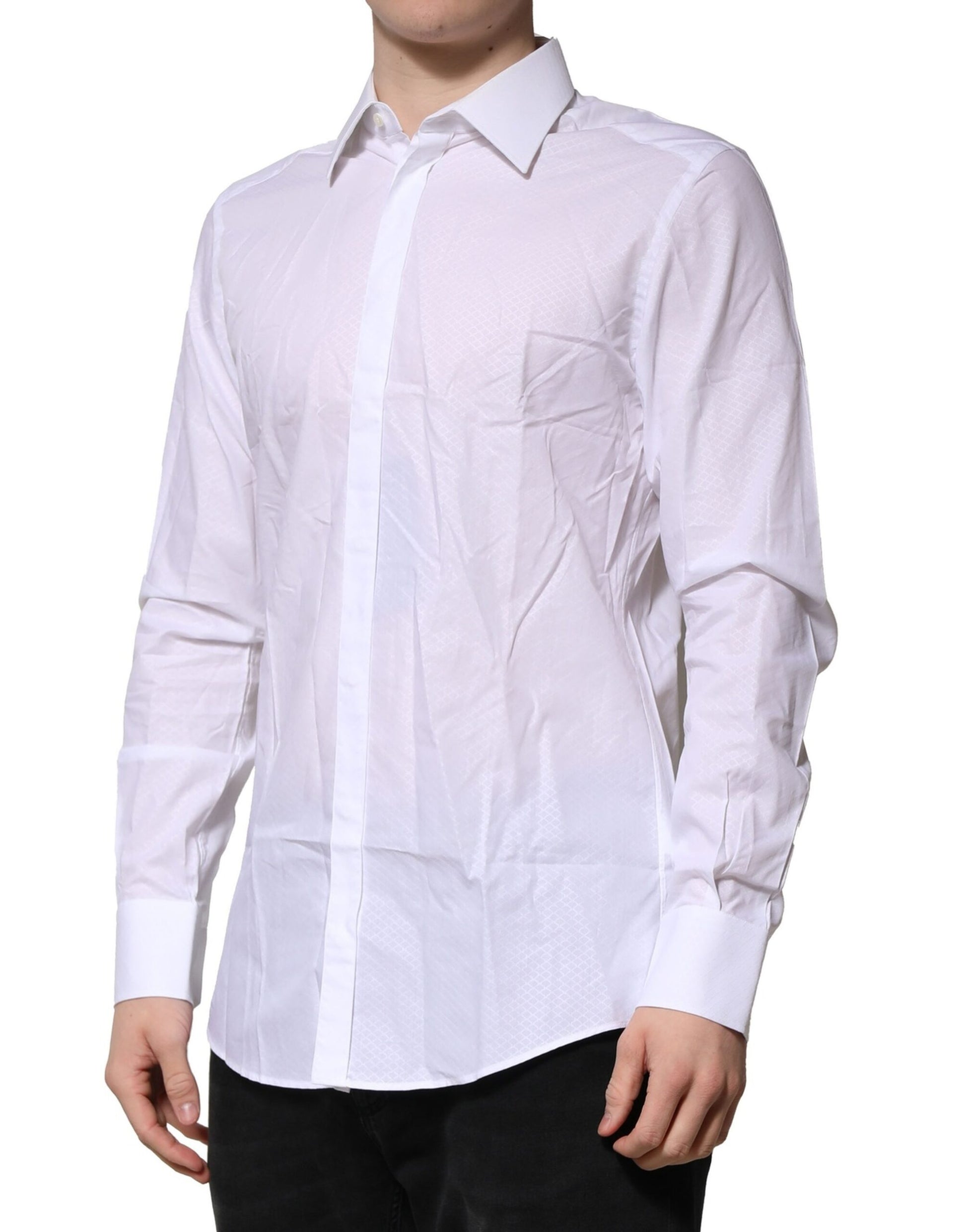 A long-sleeved white dress shirt with a collar and buttoned front