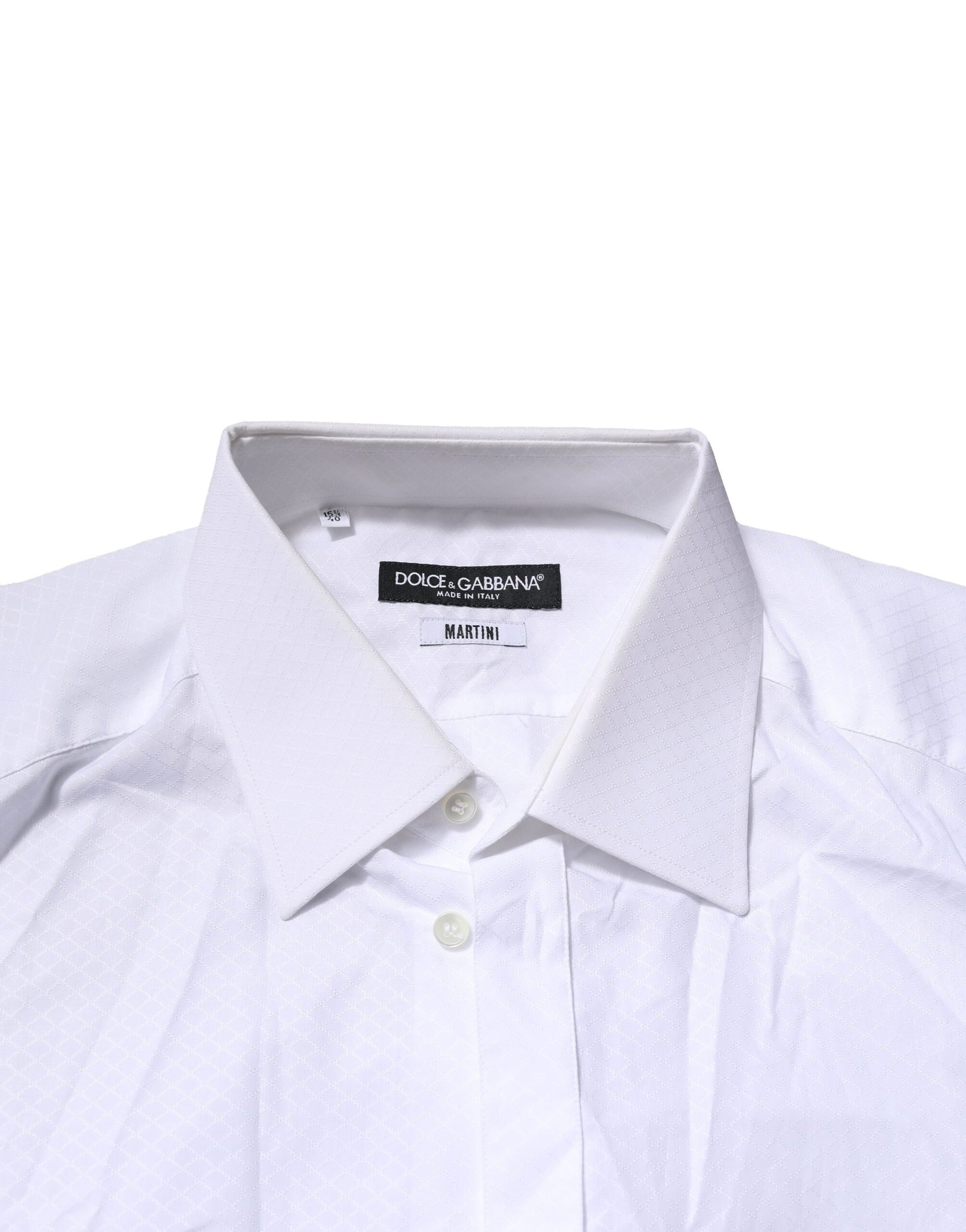 A white men's dress shirt with a collar and buttons, from the brand Dolce & Gabbana