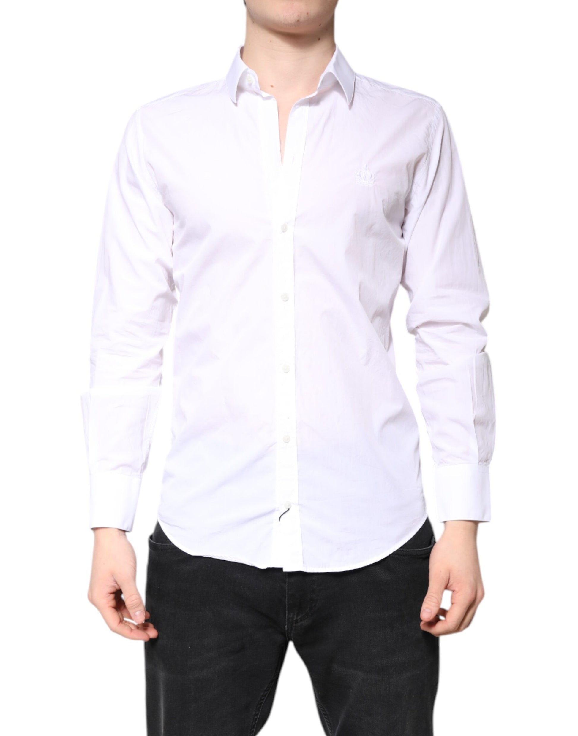 A white men's formal dress shirt with a collar and button-down front
