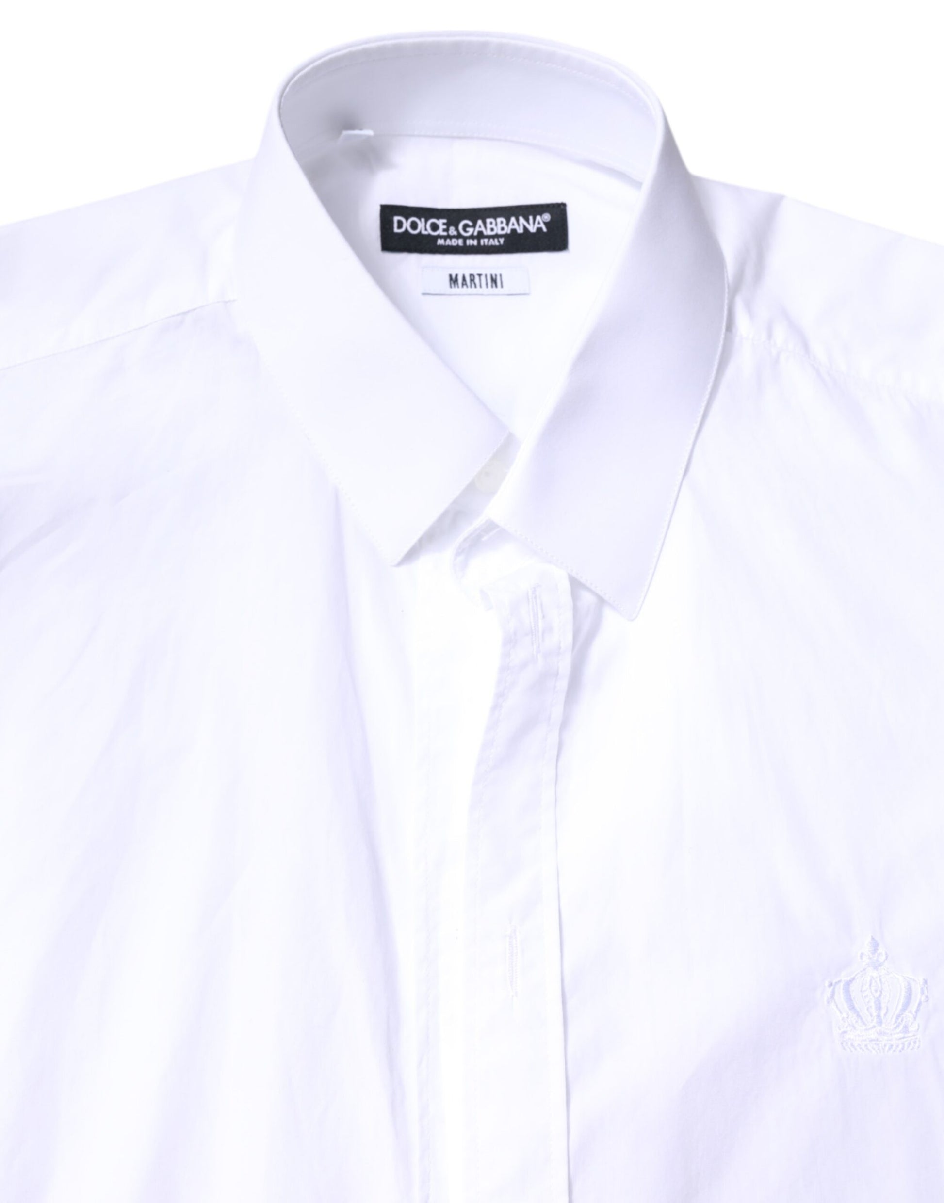 A white men's formal dress shirt with a collar and logo on the left chest