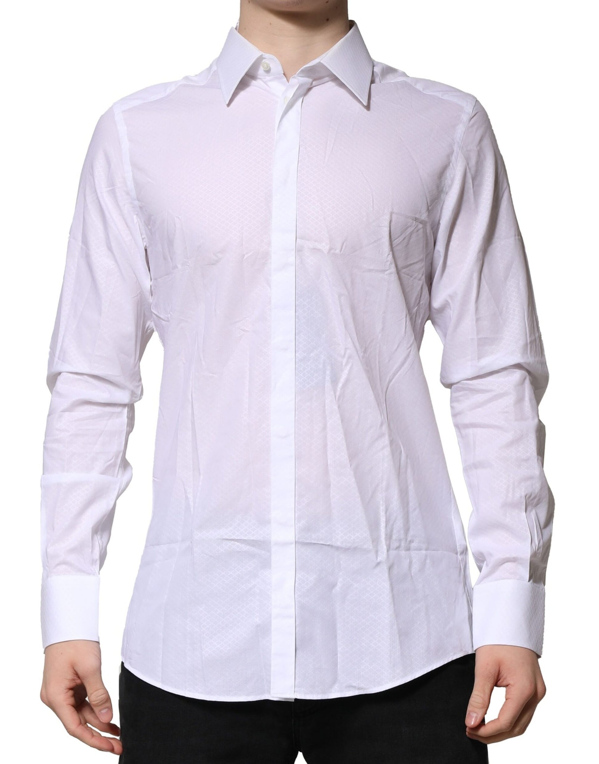 A long sleeve white shirt with a collar and button-up front