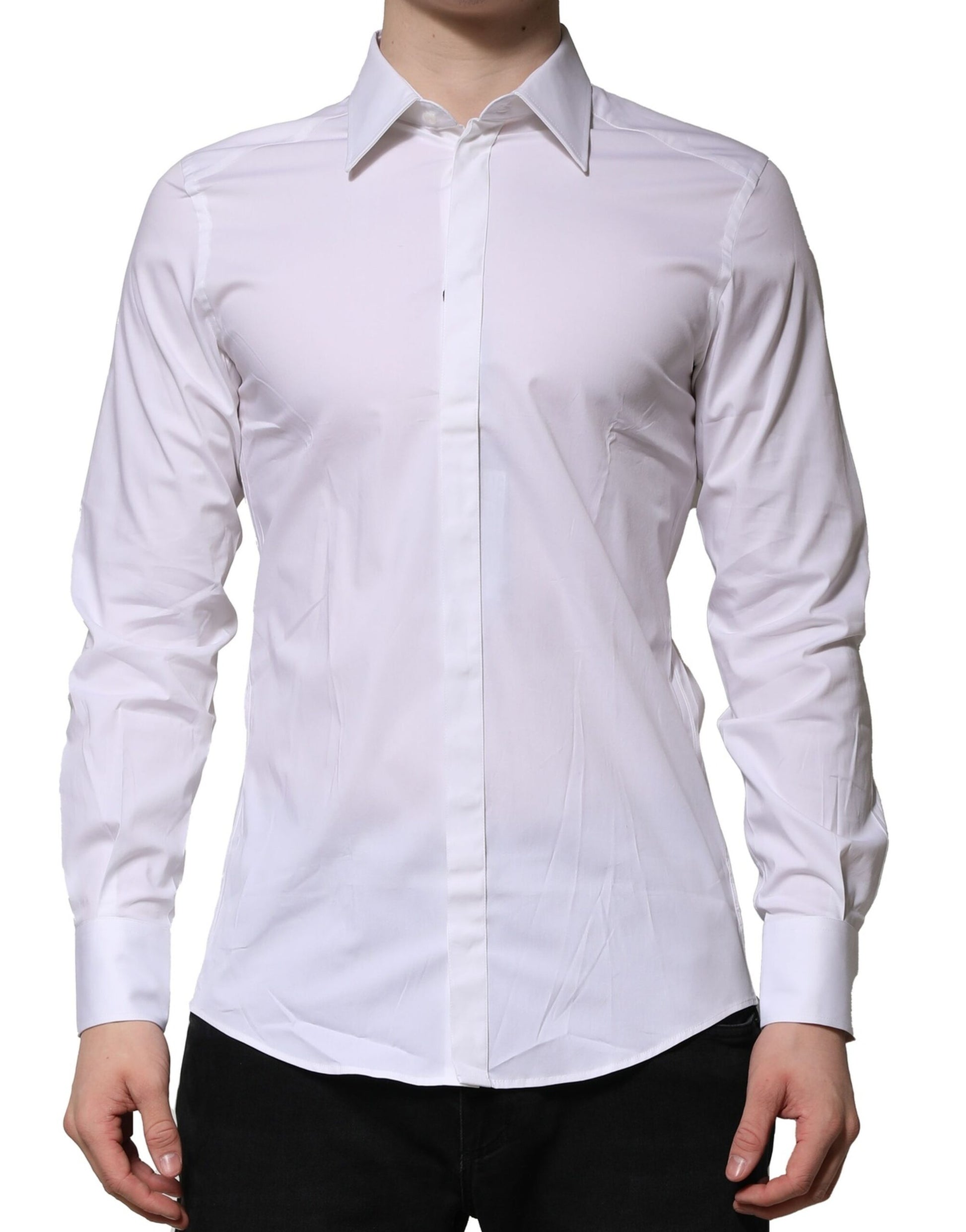 A long sleeve white shirt with a collar and button-up front