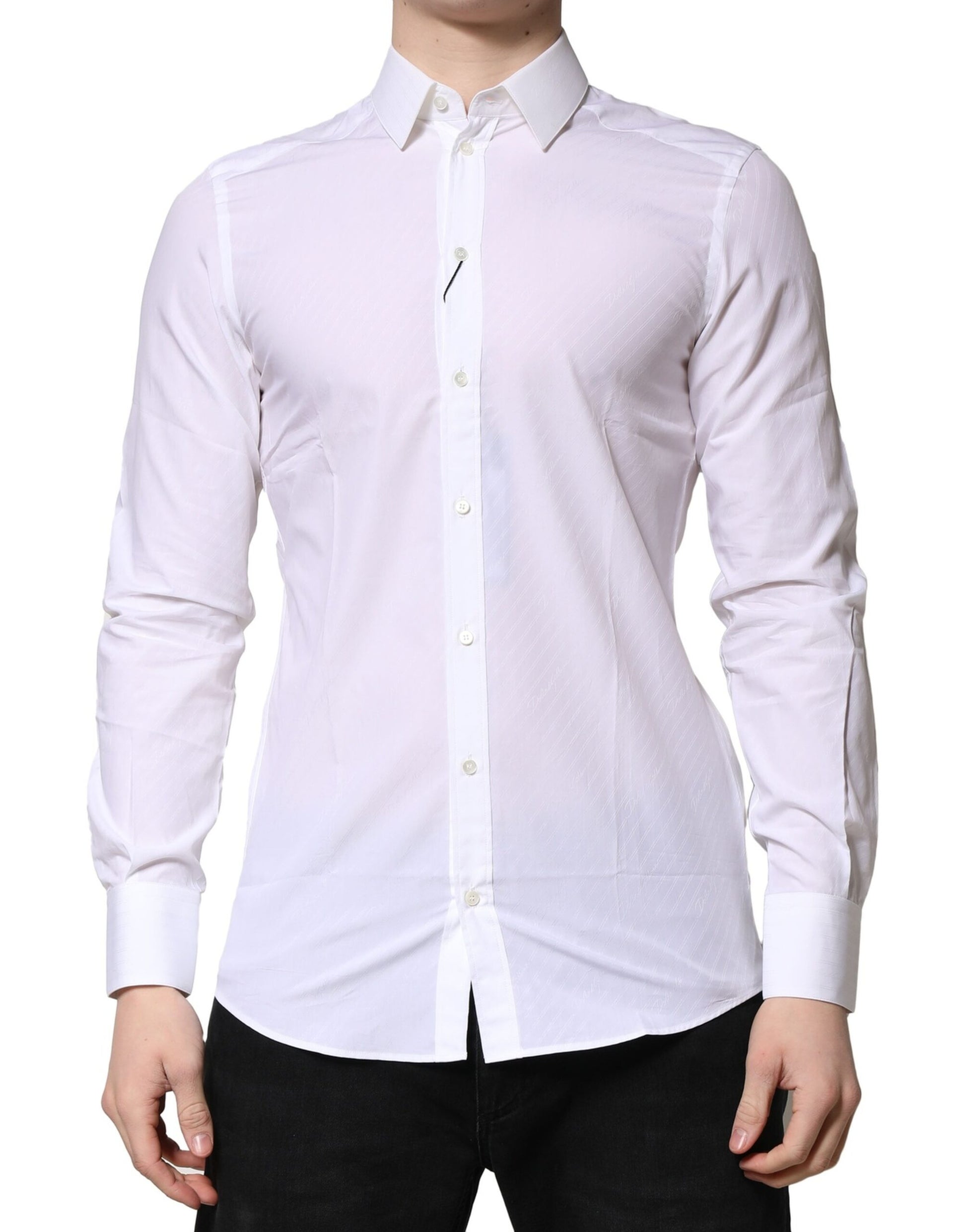 A long sleeve white shirt with a collar and button-up front