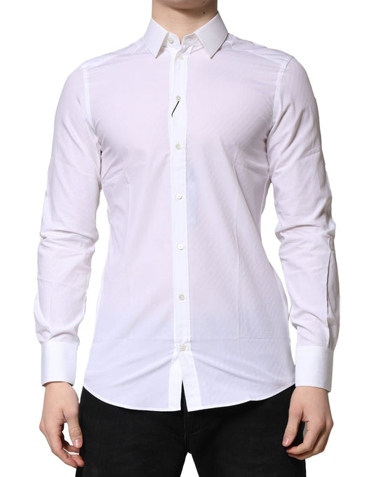A long sleeve white shirt with a collar and button-up front