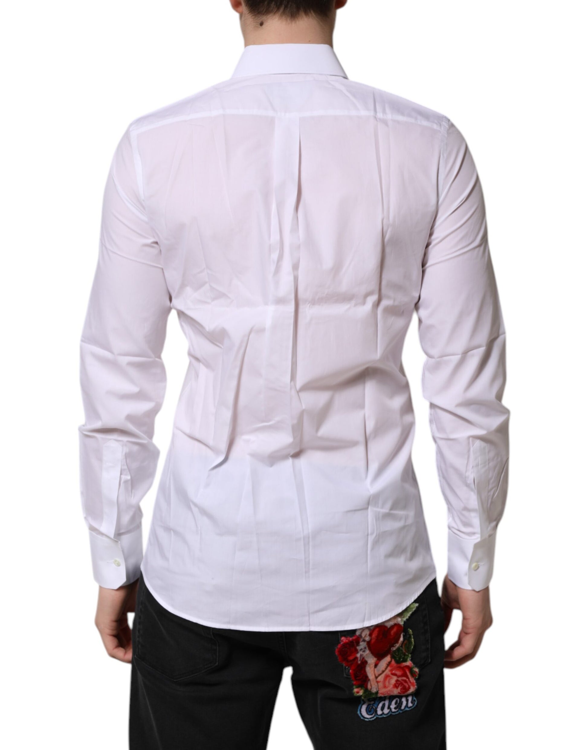 A long sleeve white dress shirt with a collar and button-up front