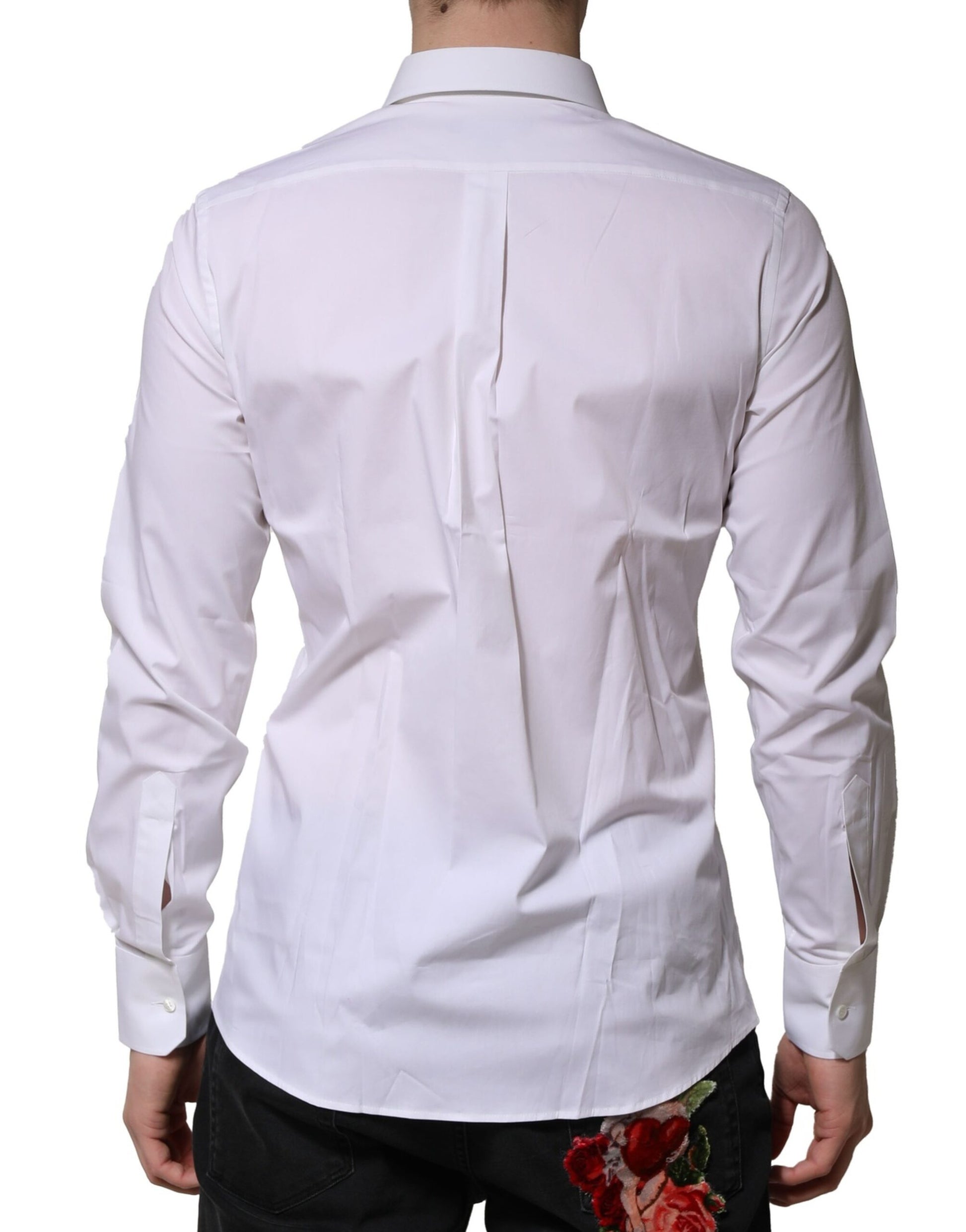 A white long sleeve dress shirt with a collar and button-down front