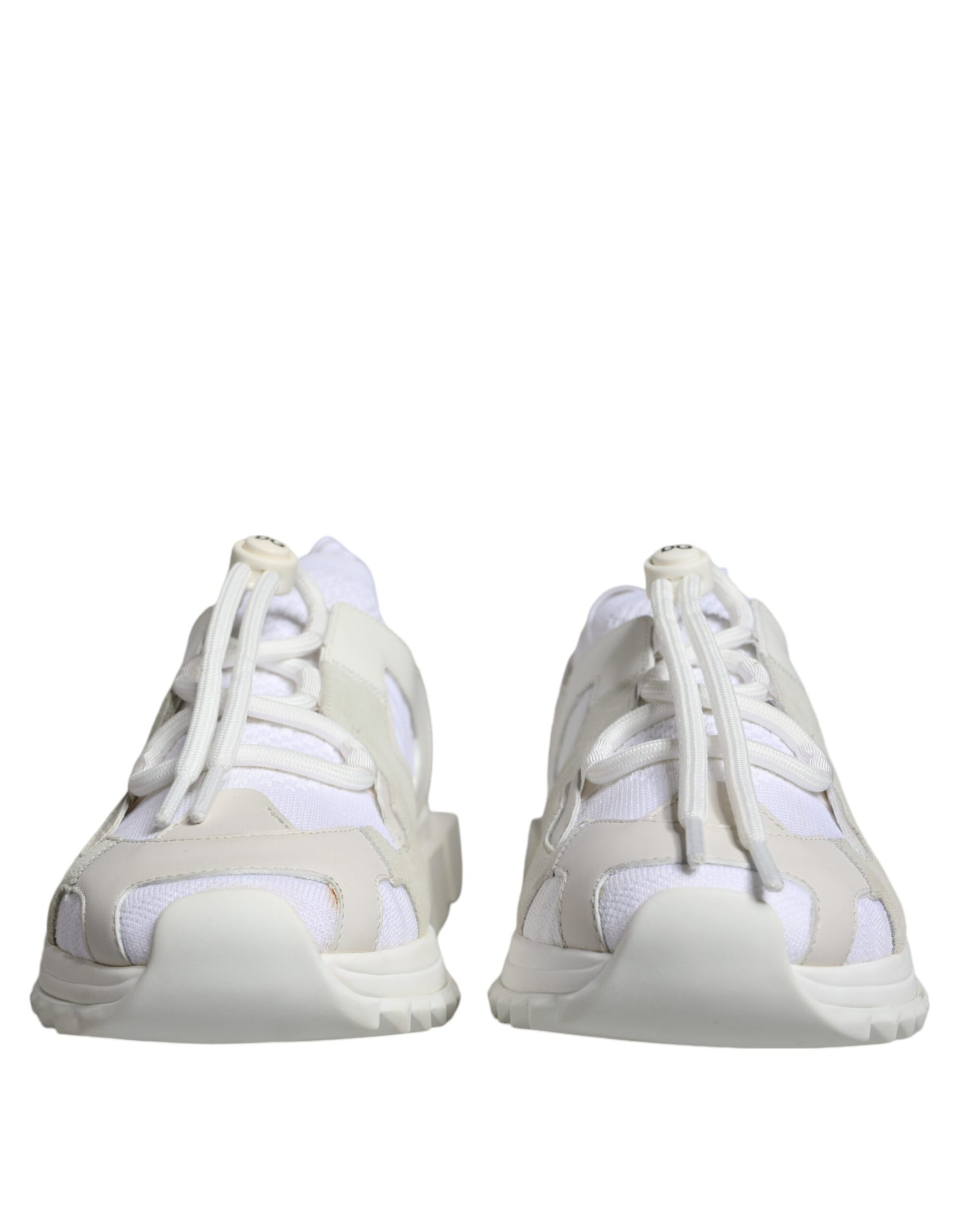Pair of white mesh sneakers with laces and logo on side, designed by Dolce & Gabbana