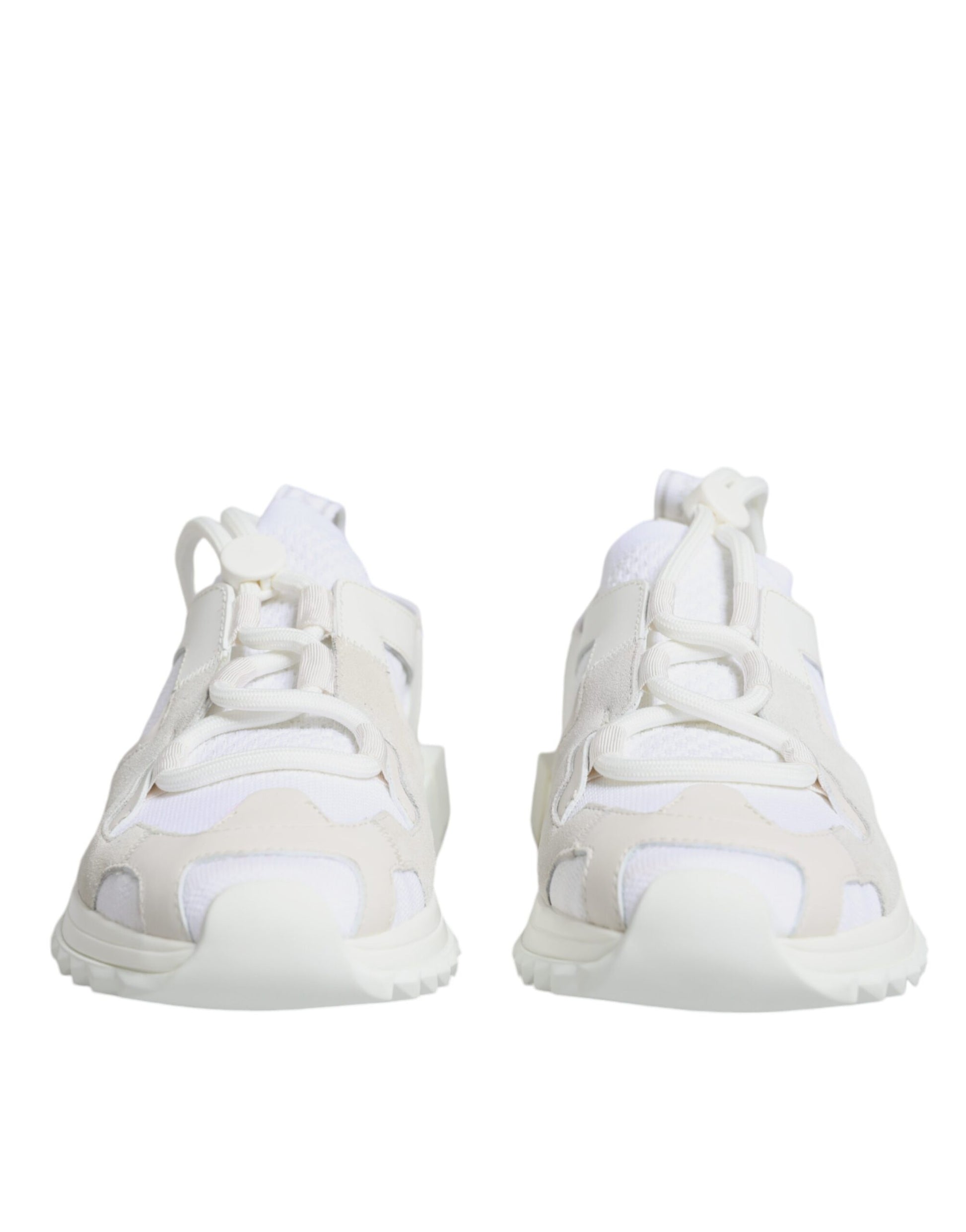 Pair of white mesh sneakers with laces and a pull tab on the back