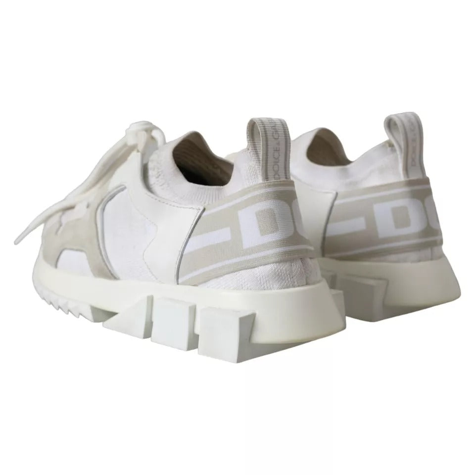 Pair of white mesh sneakers with brand name on side, featuring laces and a flat sole