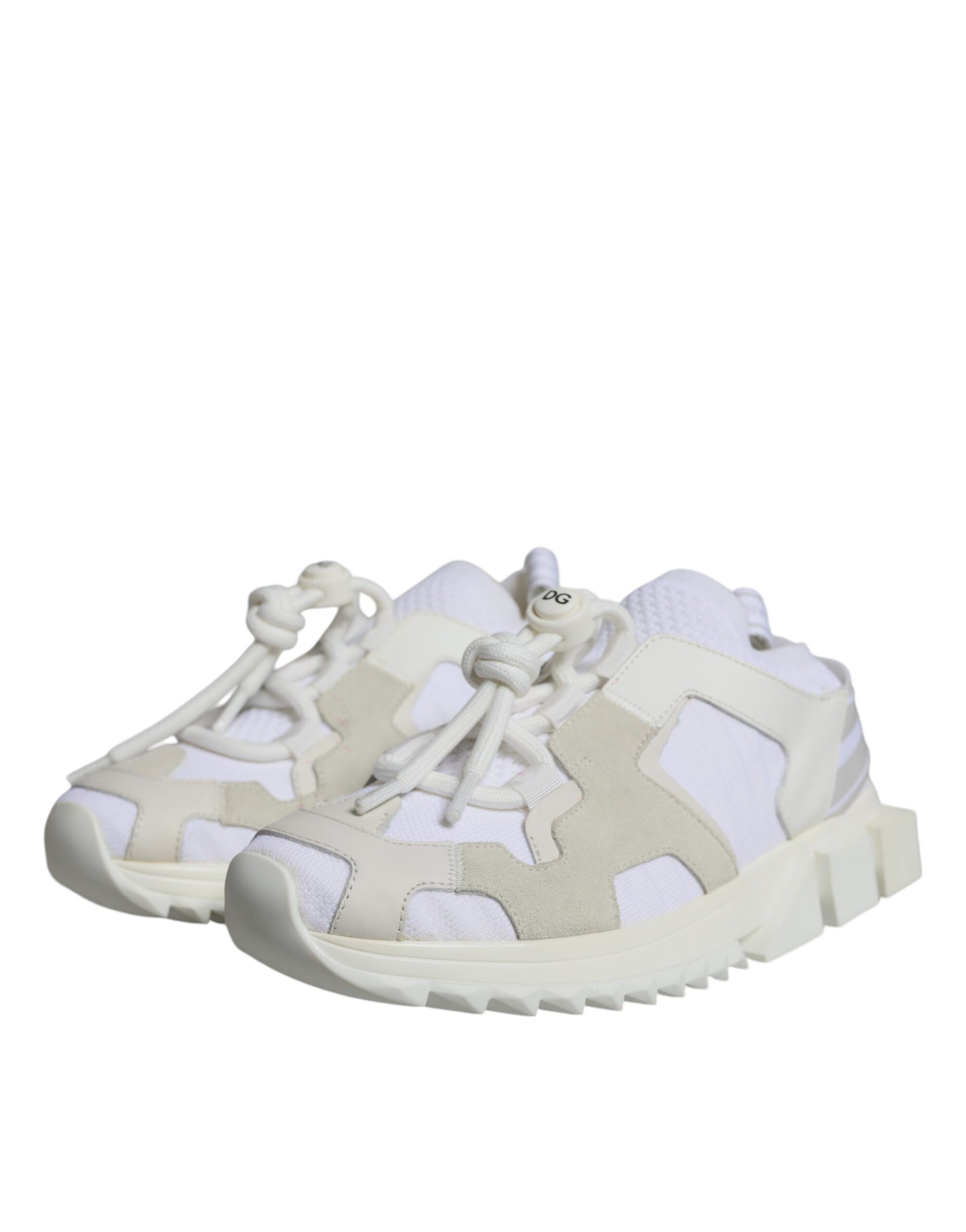 Pair of white mesh sneakers with laces and a logo on the side