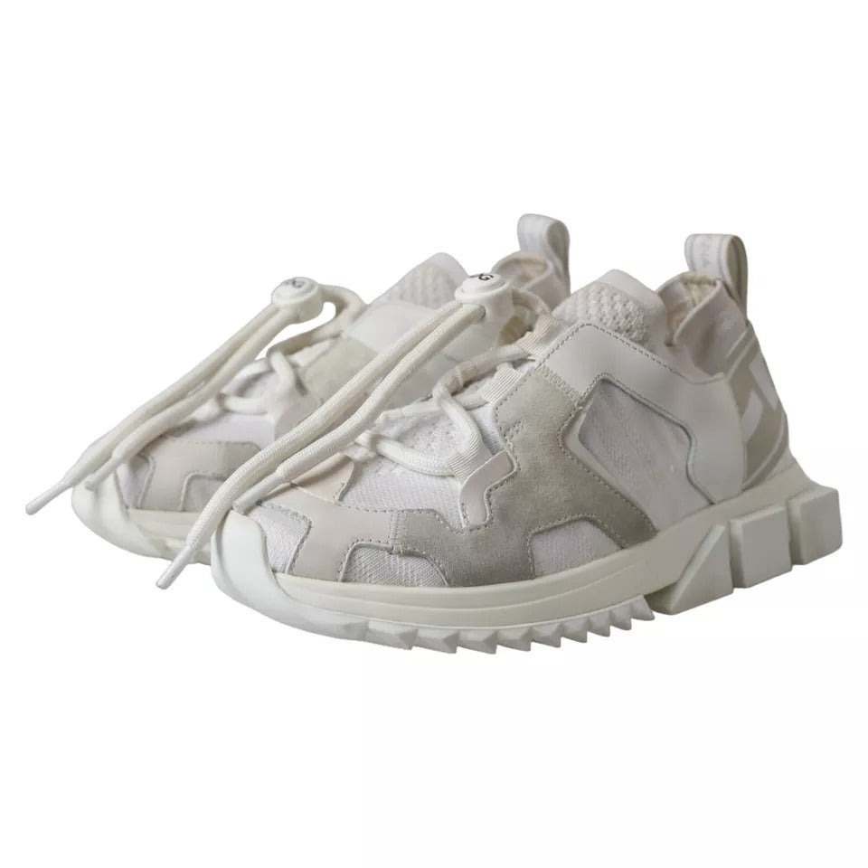 Pair of white mesh sneakers with laces and a logo on the side