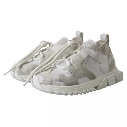Pair of white mesh sneakers with laces and a logo on the side