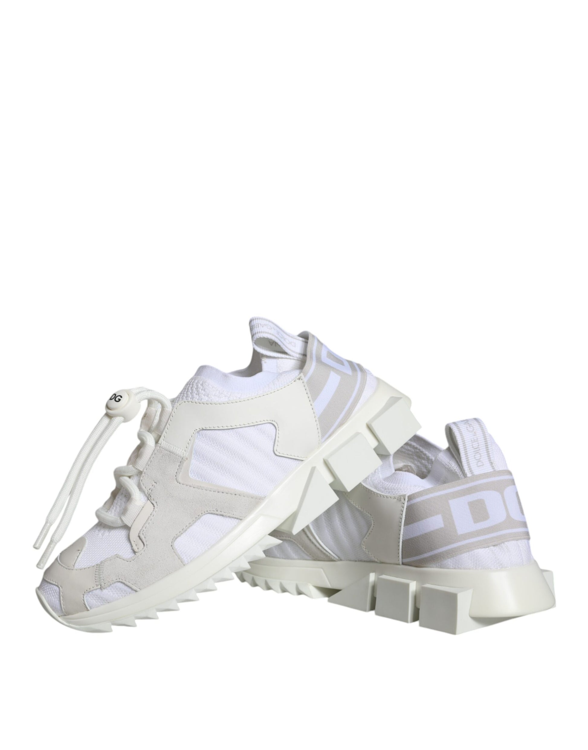 Pair of white sneakers with laces and a pull tab on the back