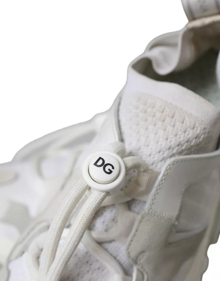 A pair of white mesh sneakers with a black D&G logo on the side