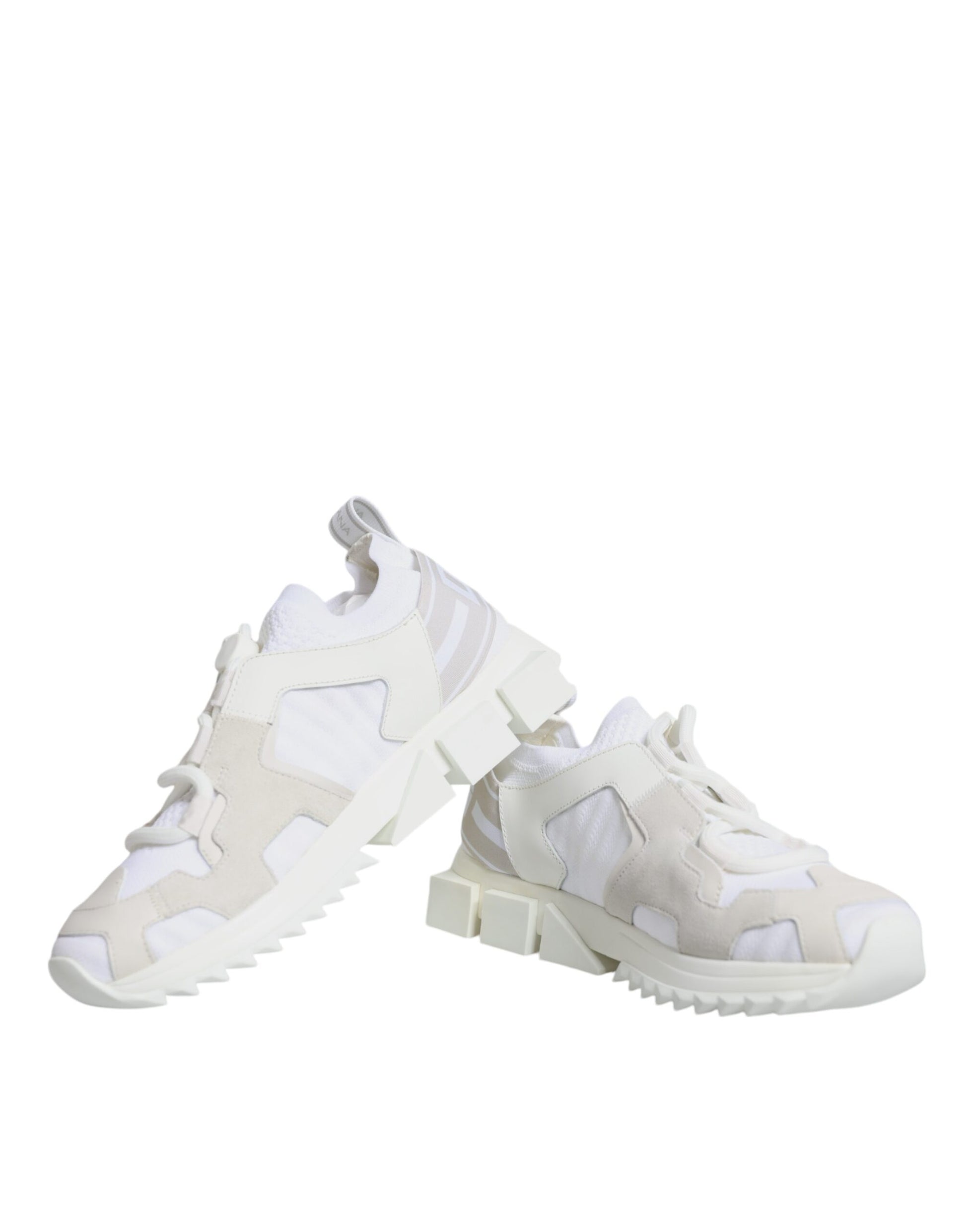 Pair of white mesh sneakers with laces and a chunky sole, featuring a design that includes a patterned texture