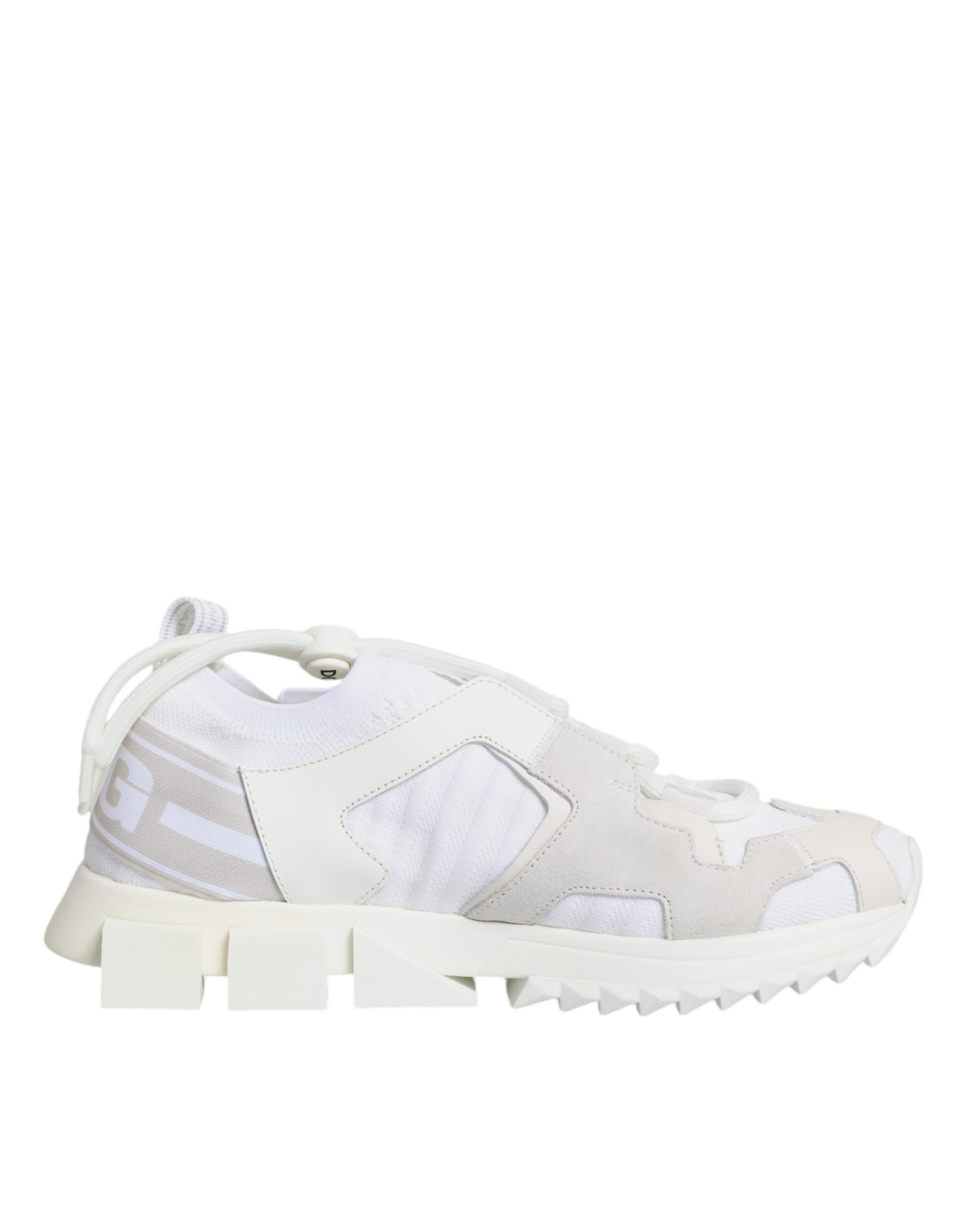 A pair of white mesh sneakers with a camouflage pattern on the side