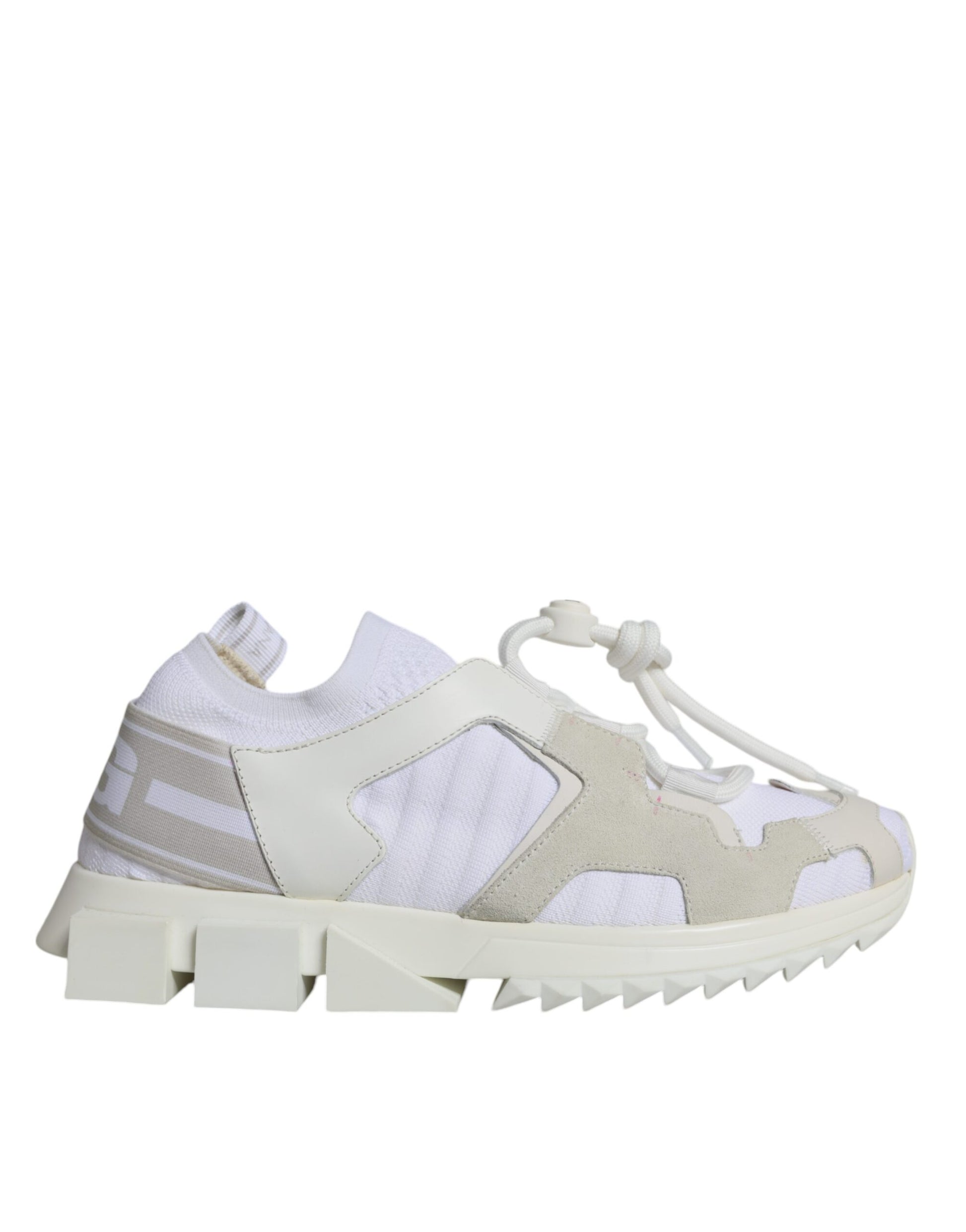 A pair of white mesh sneakers with a camouflage pattern on the side