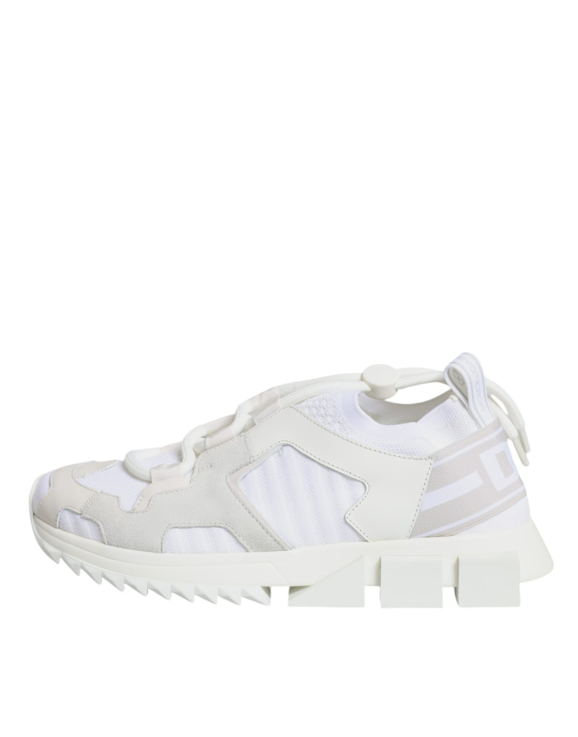 A pair of white mesh sneakers with a camouflage pattern on the sole
