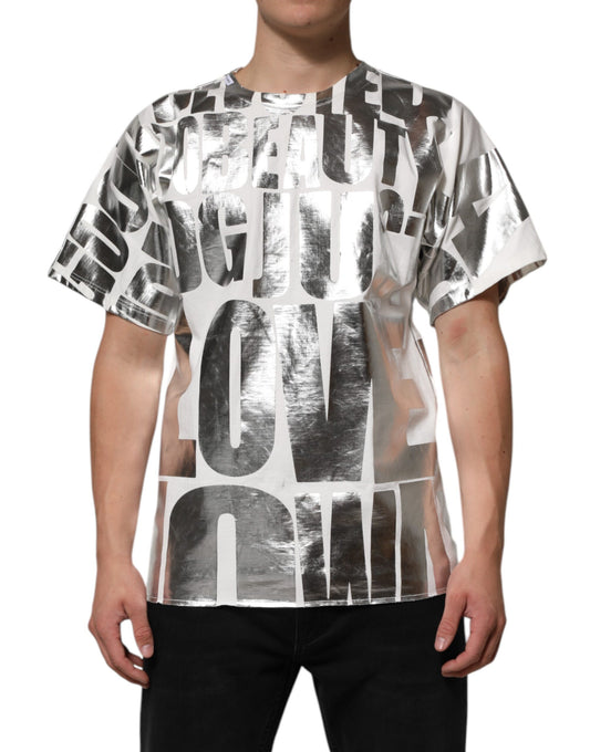 The shirt is white with black writing